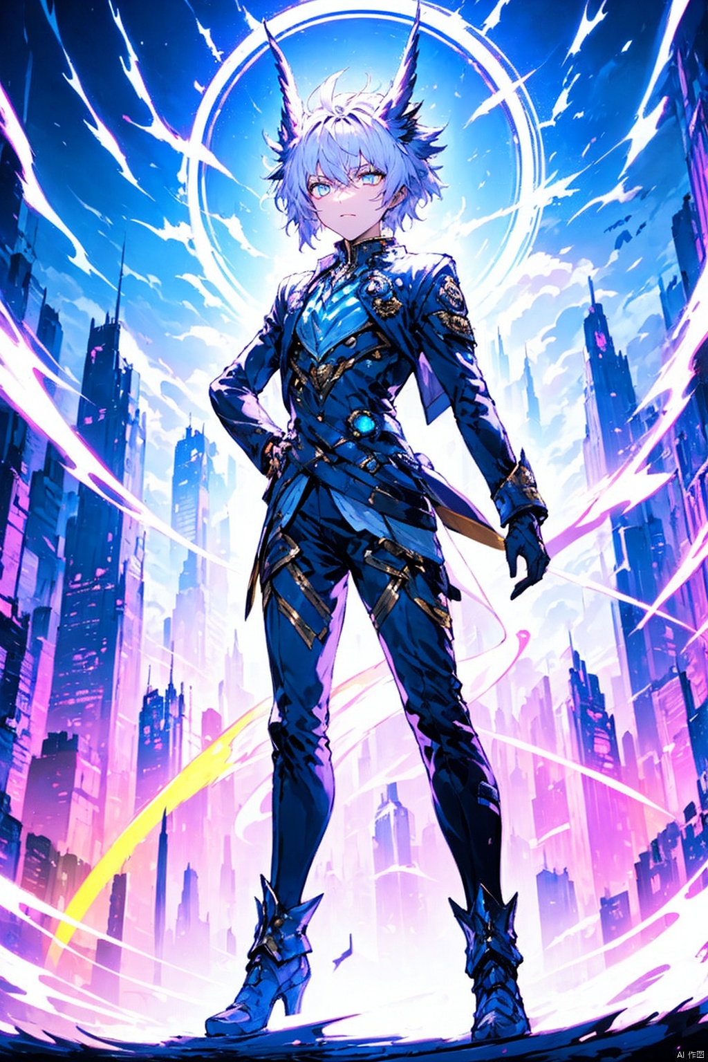  standing,((full body)),((full view)),Golden ratio figure, tall,a young individual with a striking appearance. They have silver-white hair styled in a tousled manner, and their eyes are intense, gazing directly at the viewer. The person is wearing a white, futuristic-looking jacket with intricate patterns and designs,Futuristic Pants,The jacket has a circular emblem on the left side, which appears to be a stylized bird or creature. The background is dark, with a glowing circular design that emits a soft light, creating a contrast with the subject, masterpiece