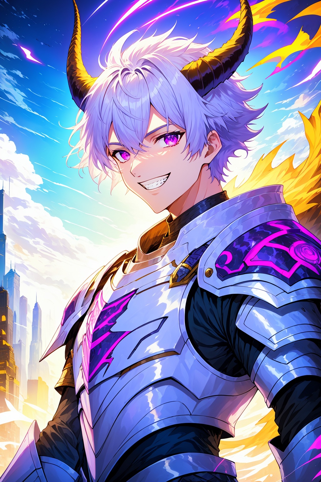 solo, looking at viewer, smile, short hair, bangs, 1boy, hair between eyes, purple eyes, upper body, white hair, male focus, outdoors, horns, sky, teeth, armor, grin, shoulder armor, building, pauldrons