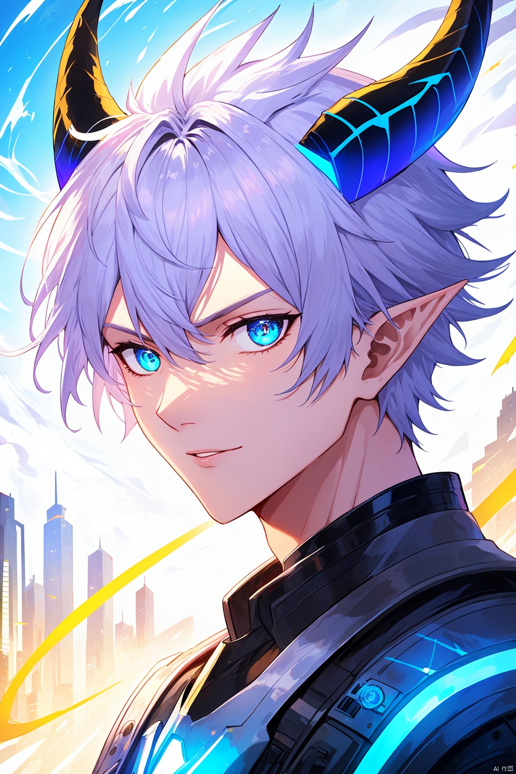solo, looking at viewer, short hair, bangs, blue eyes, 1boy, hair between eyes, closed mouth, white hair, male focus, horns, pointy ears, blurry, lips, blurry background, glowing, portrait, cable, blue horns