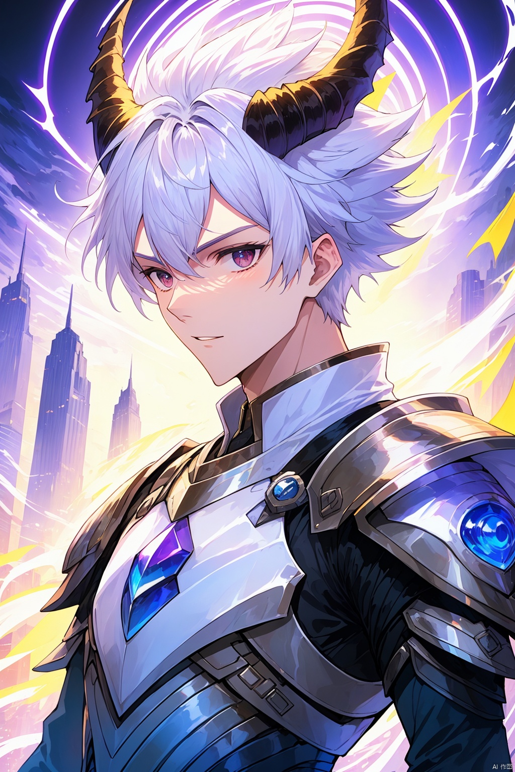 A boy, white hair, horns, masterpiece, best quality, high definition 32k