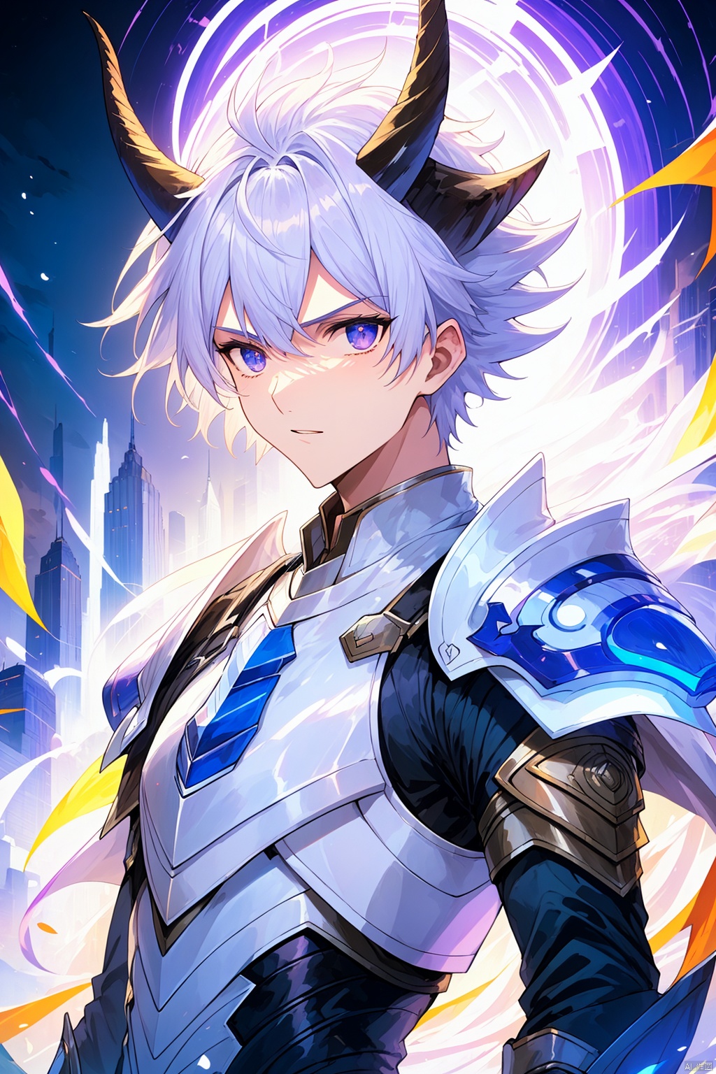 A boy, white hair, horns, masterpiece, best quality, high definition 32k