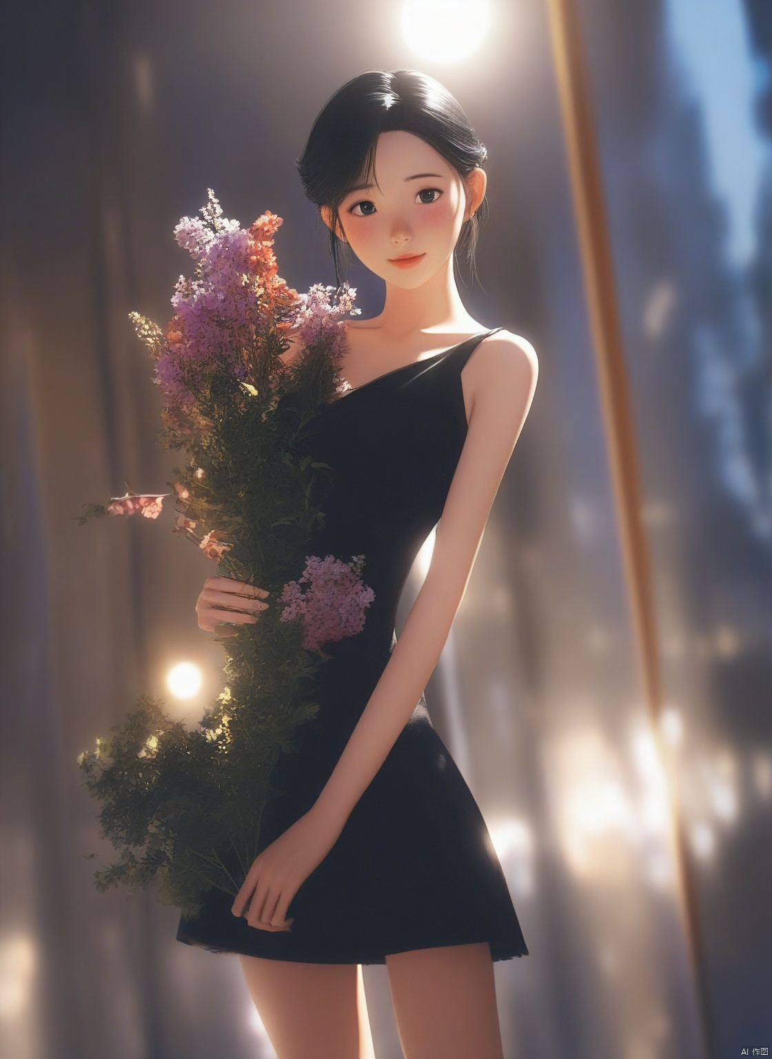  1girl,8k wallpaper,extremely detailed figure, amazing beauty, detailed characters, indoor,black dress, holding flowers, light and shadow, depth of field, light spot, reflection,upper body,nigth,street