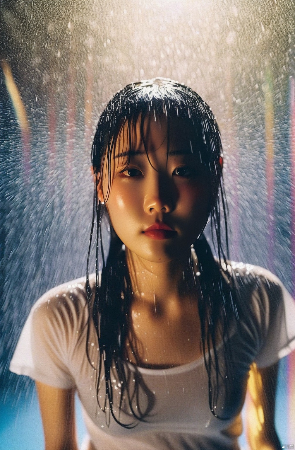  photographic of a Chinese girl wet T-shirt water drops, splash detailed, surreal dramatic lighting shadow (lofi, analog), kodak film by Brandon Woelfel Ryan McGinley