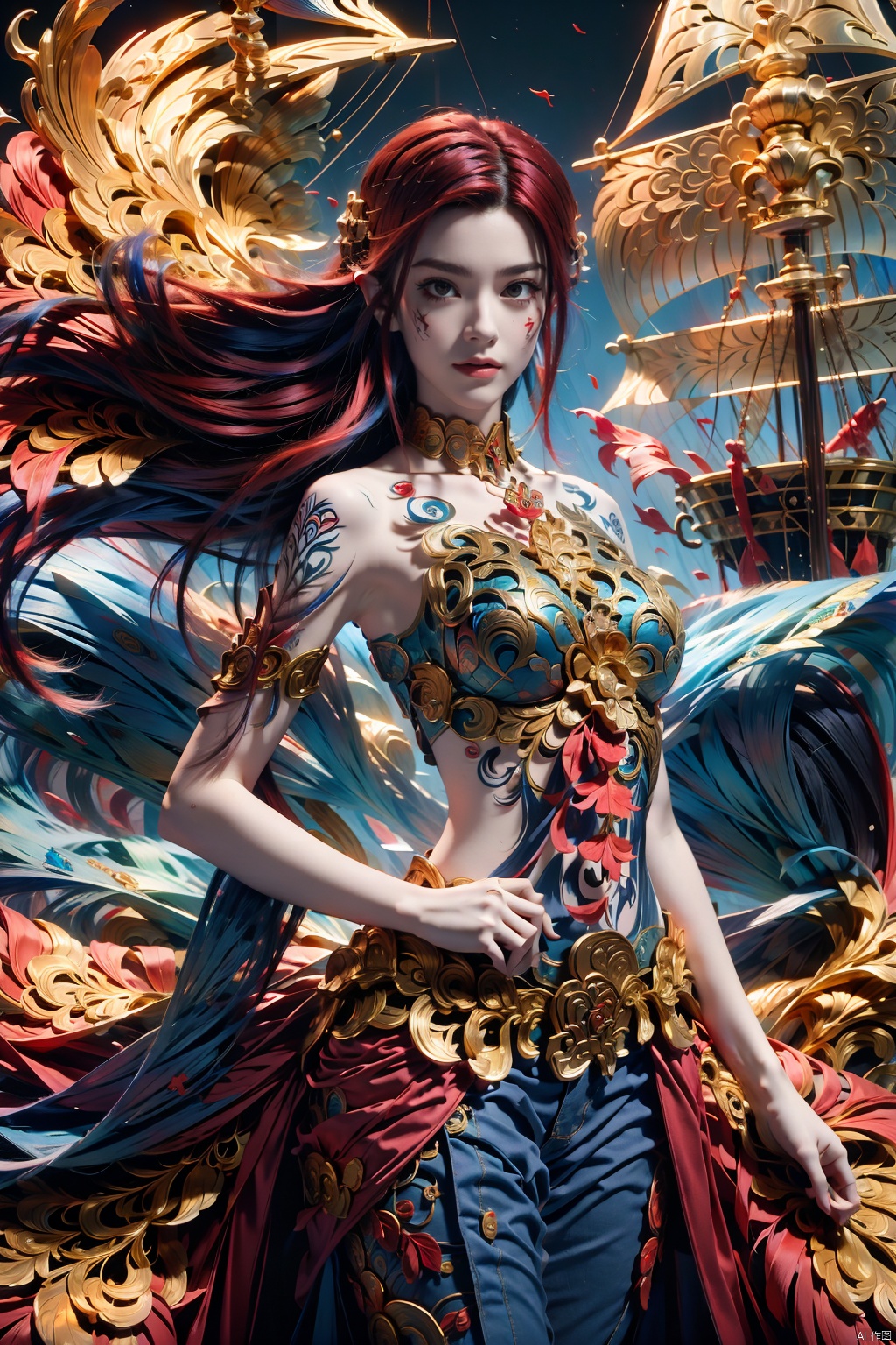  Shanks, a charismatic pirate captain from "One Piece," boasts a cascade of fiery red hair, symbolizing his bold spirit and adventurous legacy. Standing on the ships deck, he exudes seasoned authority, scarlet locks dancing in the sea breeze. The scene unfolds on a weathered vessel amid rolling waves, capturing the essence of high-seas exploration. The mood is a blend of camaraderie and challenge, mirroring Shanks legendary exploits. The atmosphere crackles with anticipation, reflecting the daring tales etched into Shanks weathered visage. Lighting bathes the scene in warm hues, casting a cinematic glow that accentuates the vivid details of Shanks iconic presence