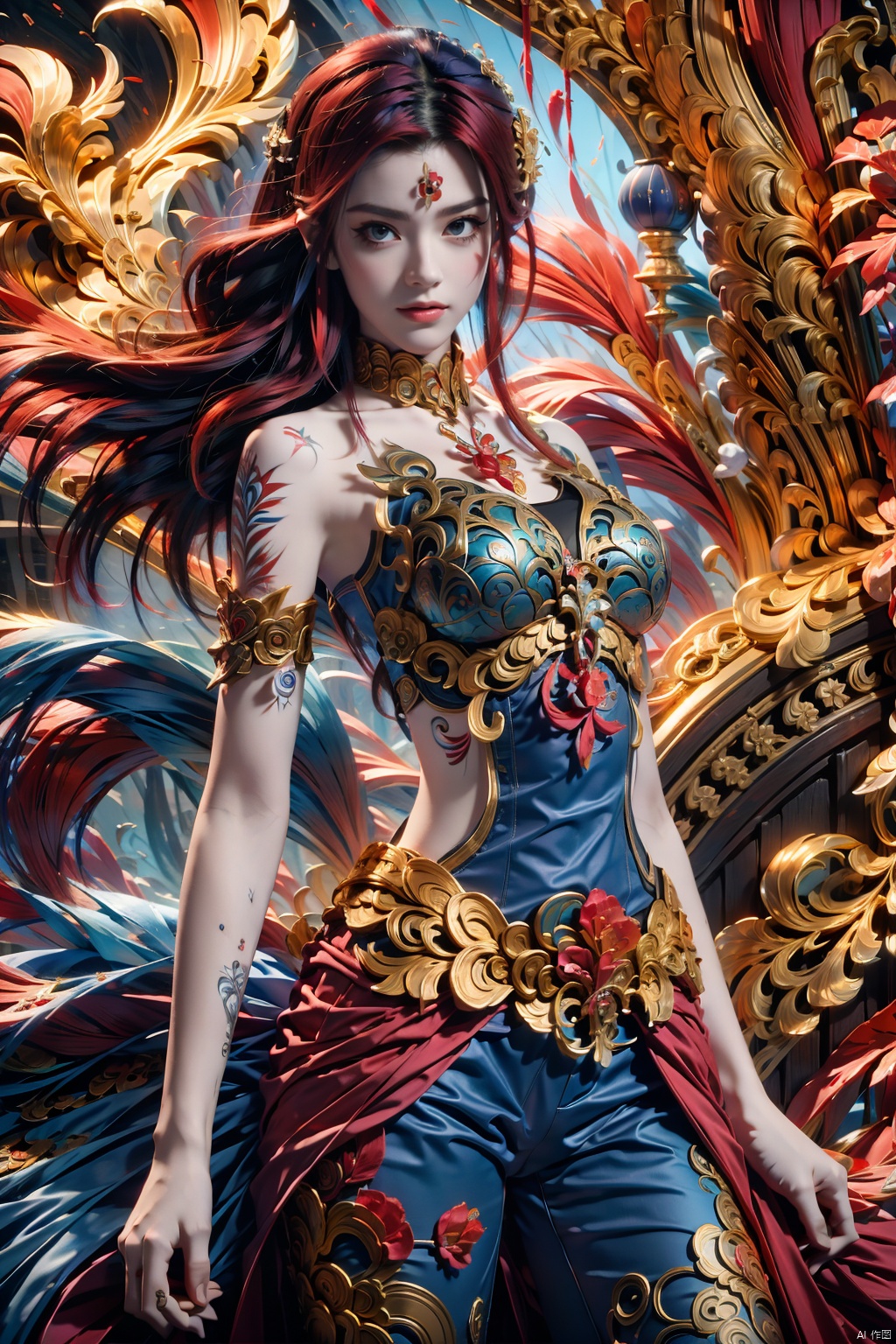  Shanks, a charismatic pirate captain from "One Piece," boasts a cascade of fiery red hair, symbolizing his bold spirit and adventurous legacy. Standing on the ships deck, he exudes seasoned authority, scarlet locks dancing in the sea breeze. The scene unfolds on a weathered vessel amid rolling waves, capturing the essence of high-seas exploration. The mood is a blend of camaraderie and challenge, mirroring Shanks legendary exploits. The atmosphere crackles with anticipation, reflecting the daring tales etched into Shanks weathered visage. Lighting bathes the scene in warm hues, casting a cinematic glow that accentuates the vivid details of Shanks iconic presence