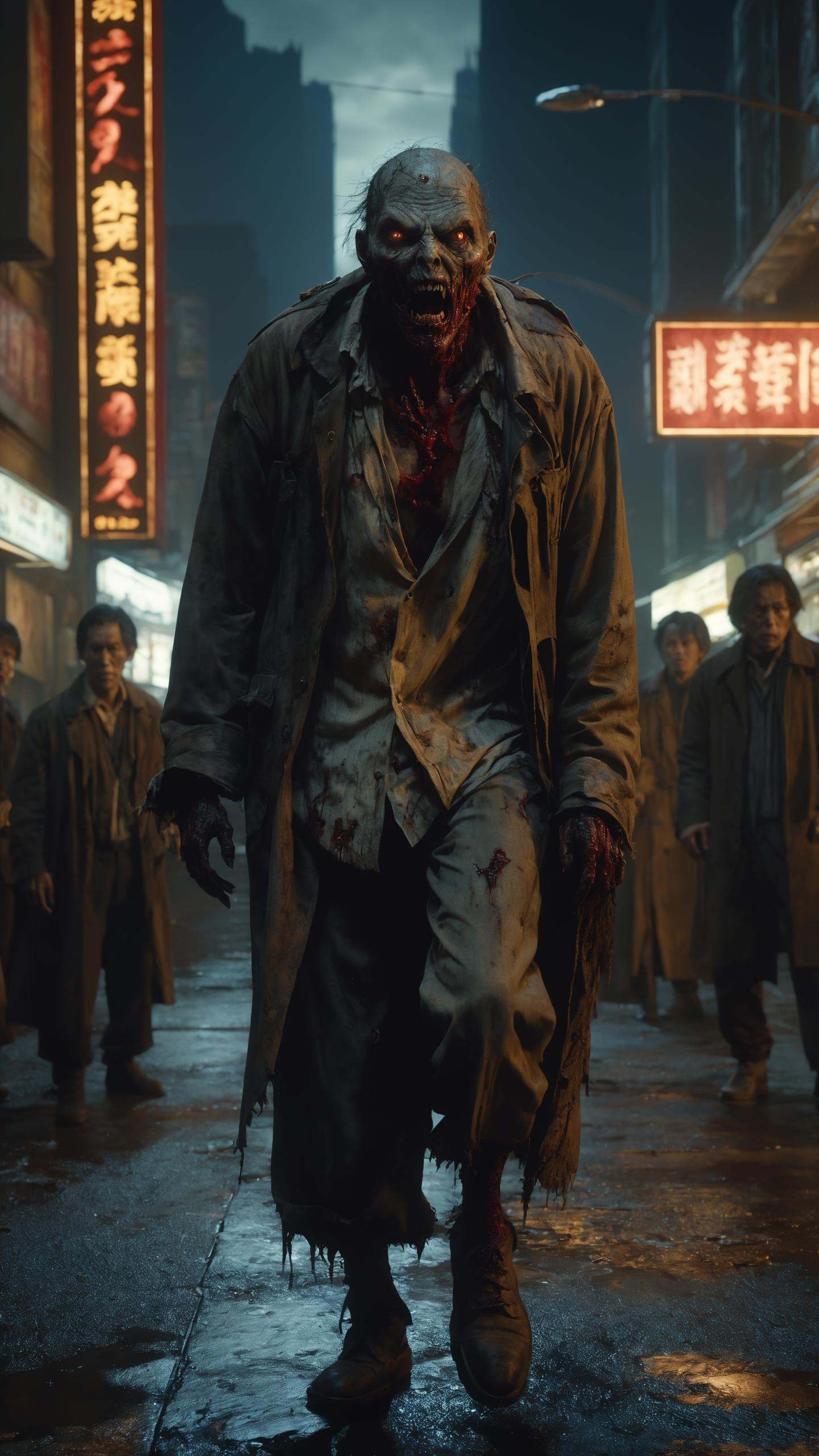 Horror-themed cinematic film still,  a horrifying portrait full body Zombie,  wandering through the city on Tensor.Art