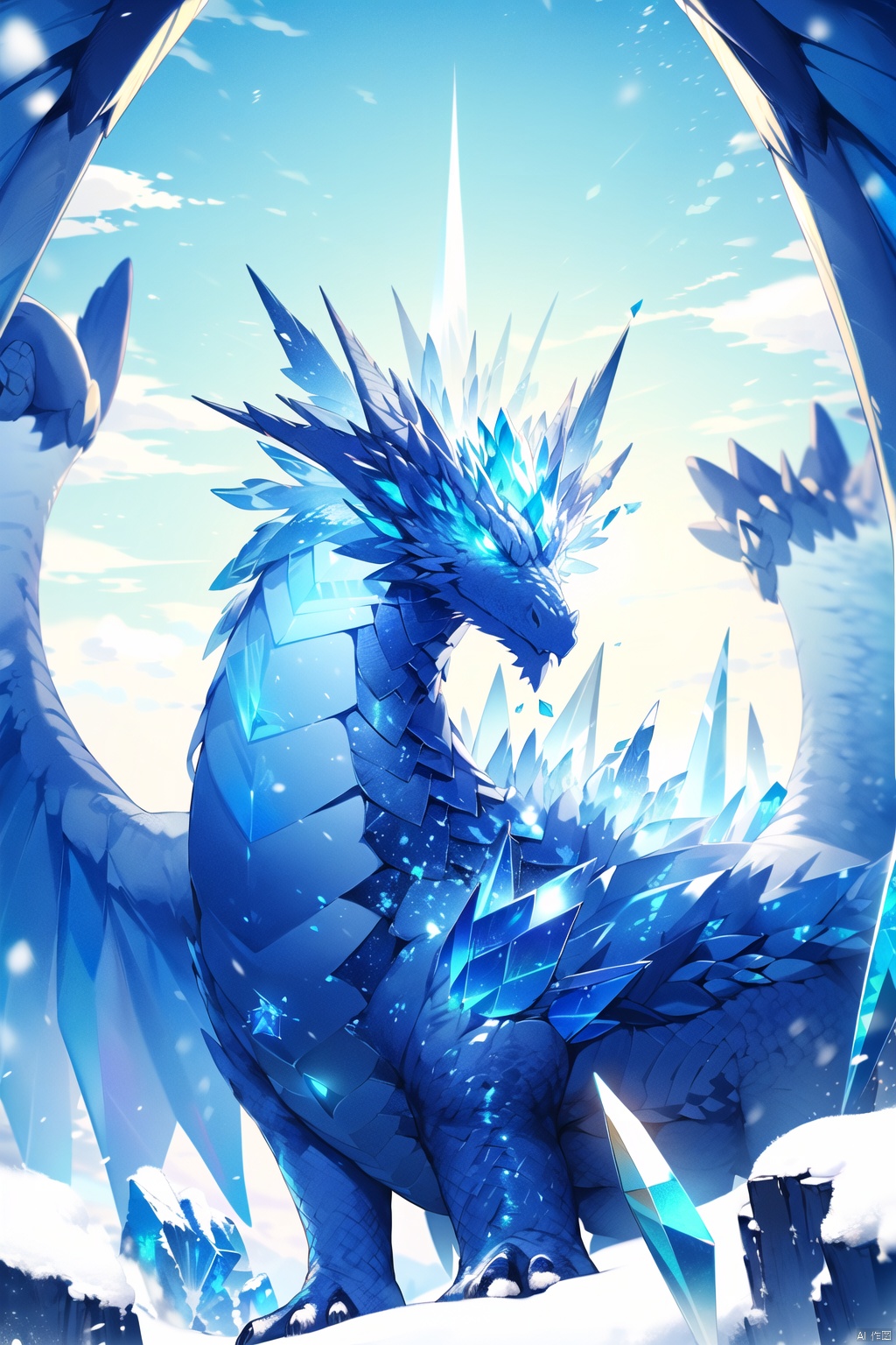  (\han yu long huang\),no humans, dragon, sky, crystal, ice, cloud, outdoors, glowing, wings, scales, blue sky, day, looking at viewer, snow