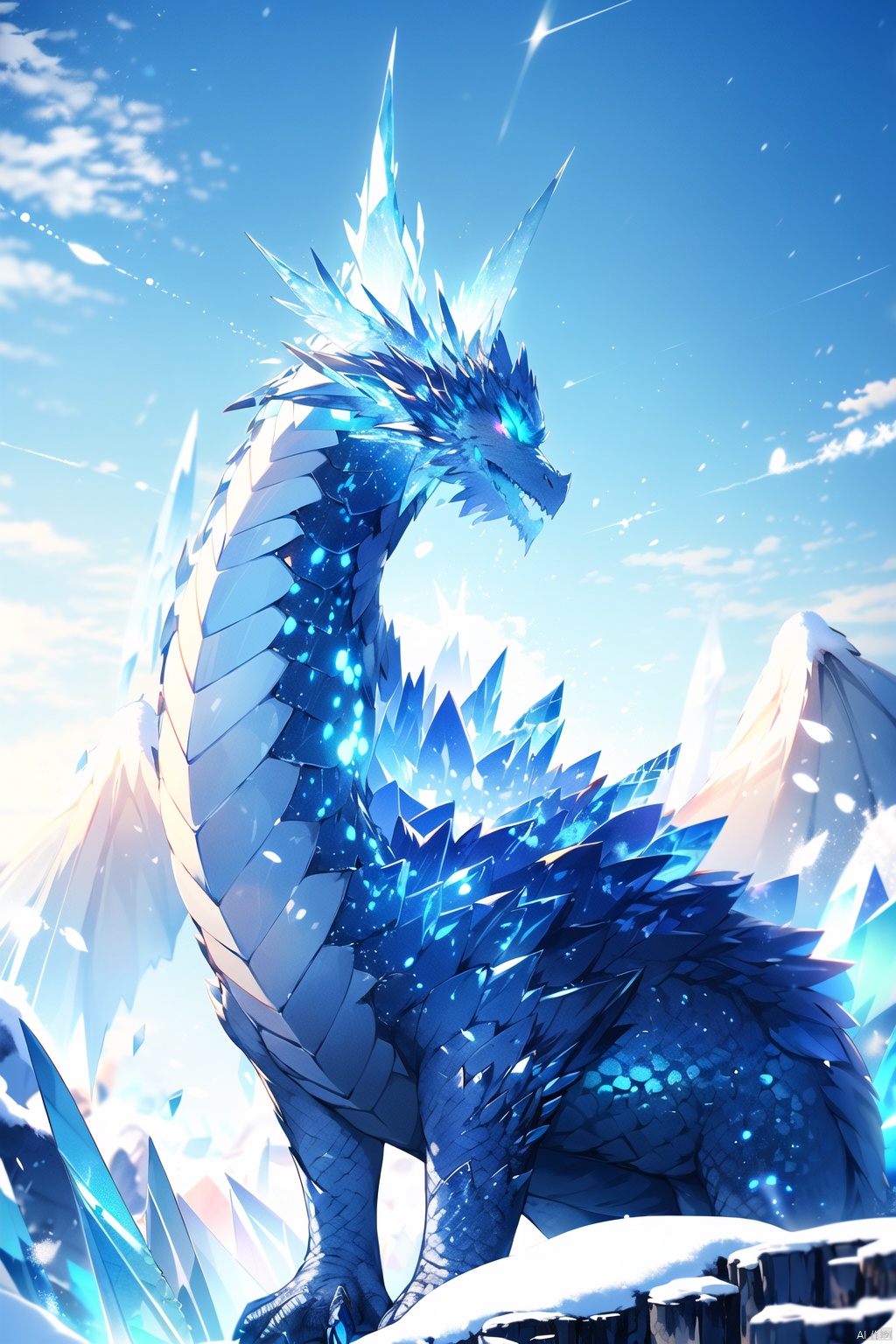 (\han yu long huang\),no humans, dragon, sky, crystal, ice, cloud, outdoors, glowing, wings, scales, blue sky, day, looking at viewer, snow