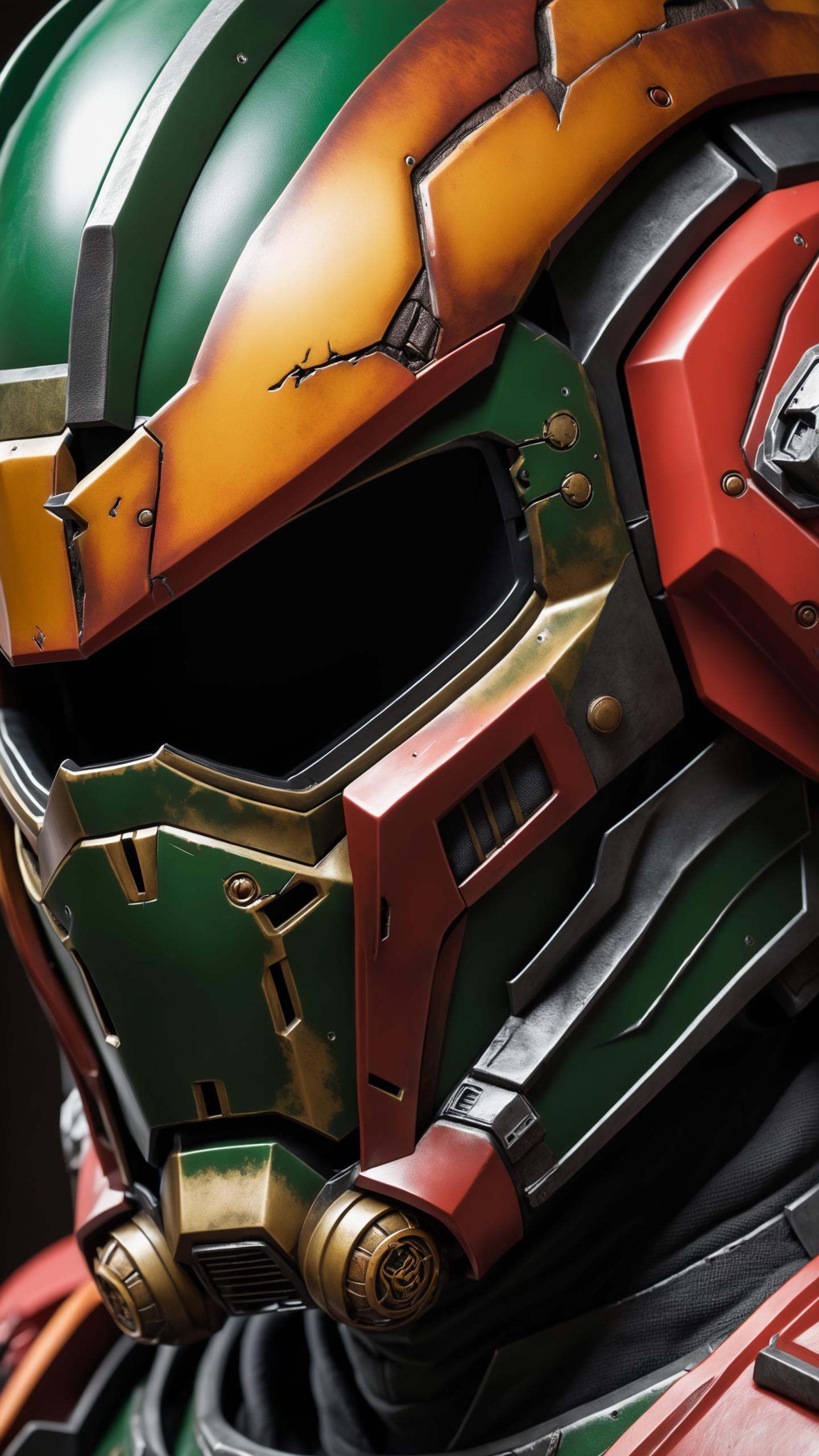 extreme close up on the helmet of the doom slayer,  broken doom slayer helmet,  photorealistic on Tensor.Art