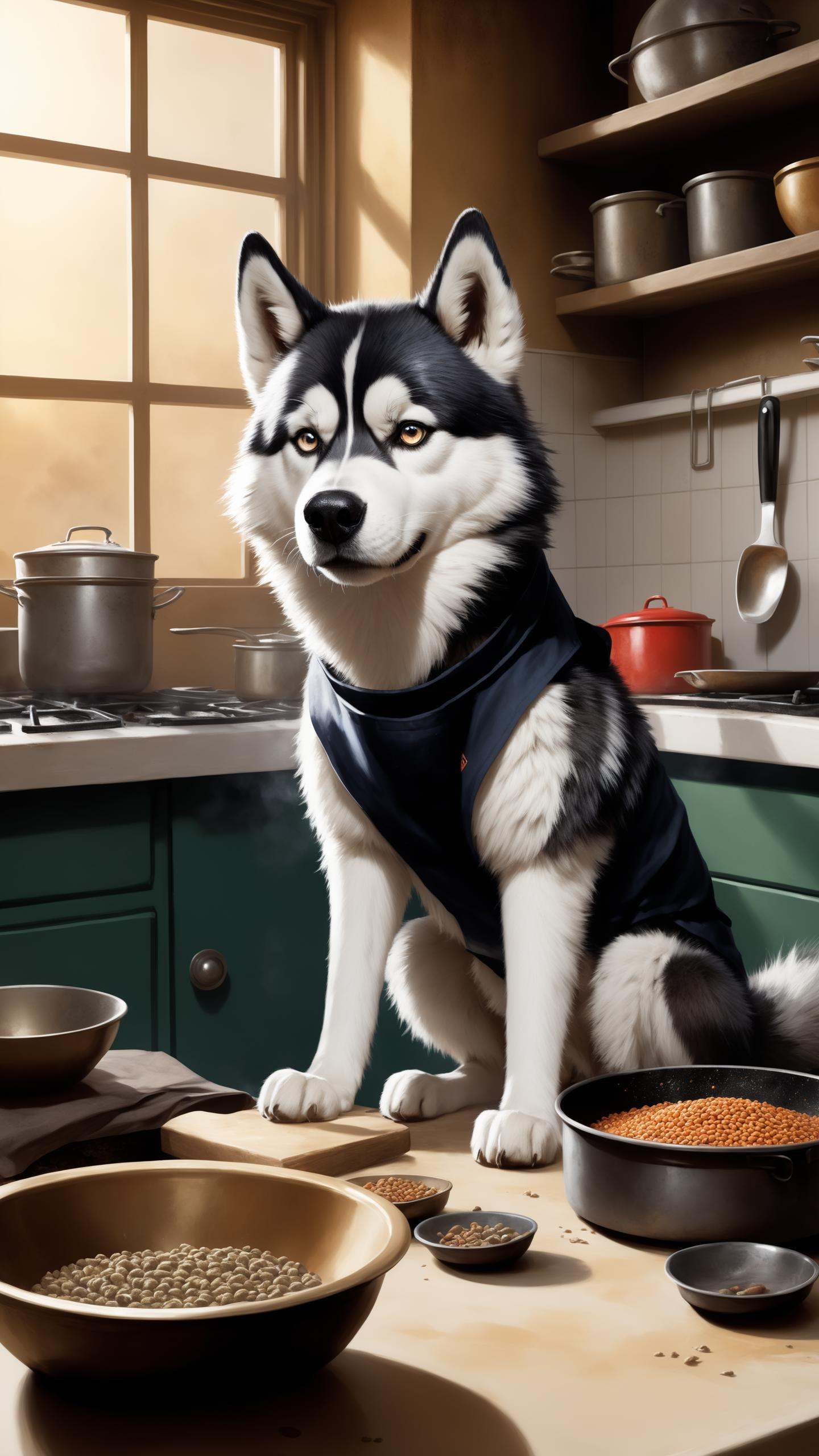 table,  a rendition of a of a feral dirty husky wearing an apron and he has a confused expression in front of dirty dishes...