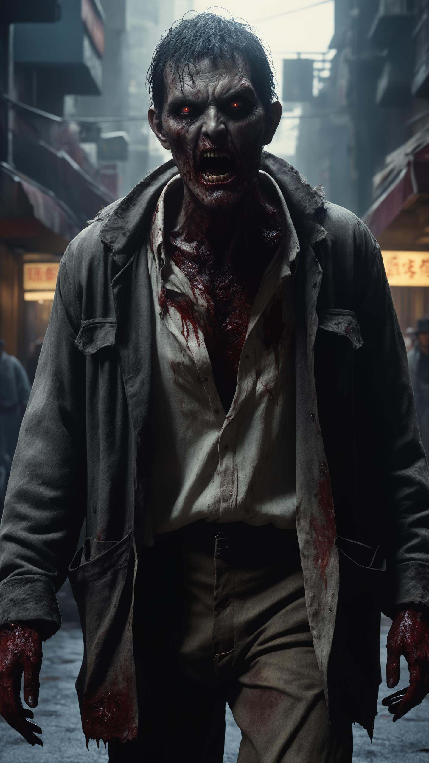 Horror-themed cinematic film still,  a horrifying portrait full body Zombie,  wandering through the city on Tensor.Art