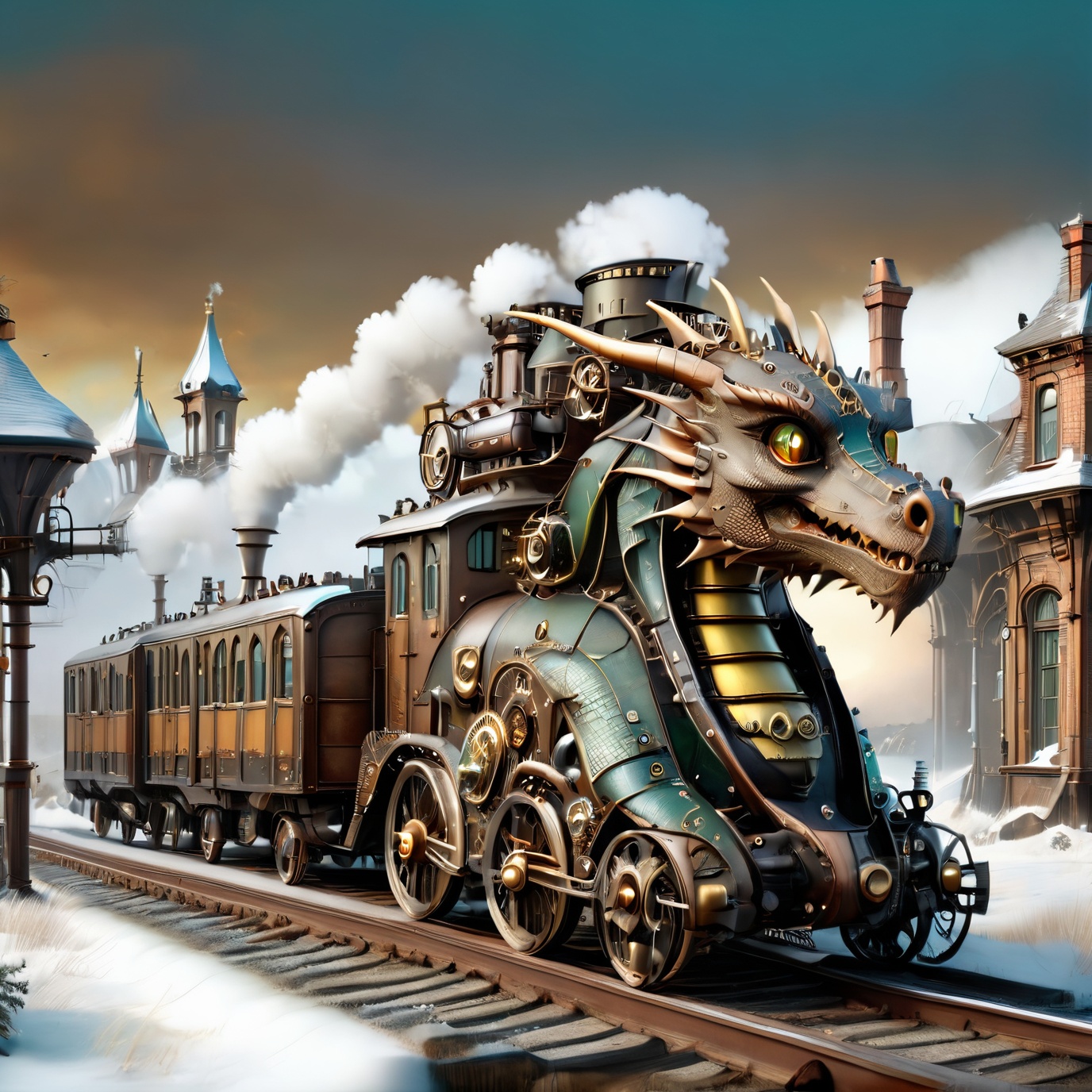 realistic photo of dragon train,  a steampunk style,  (masterpiece) on Tensor.Art