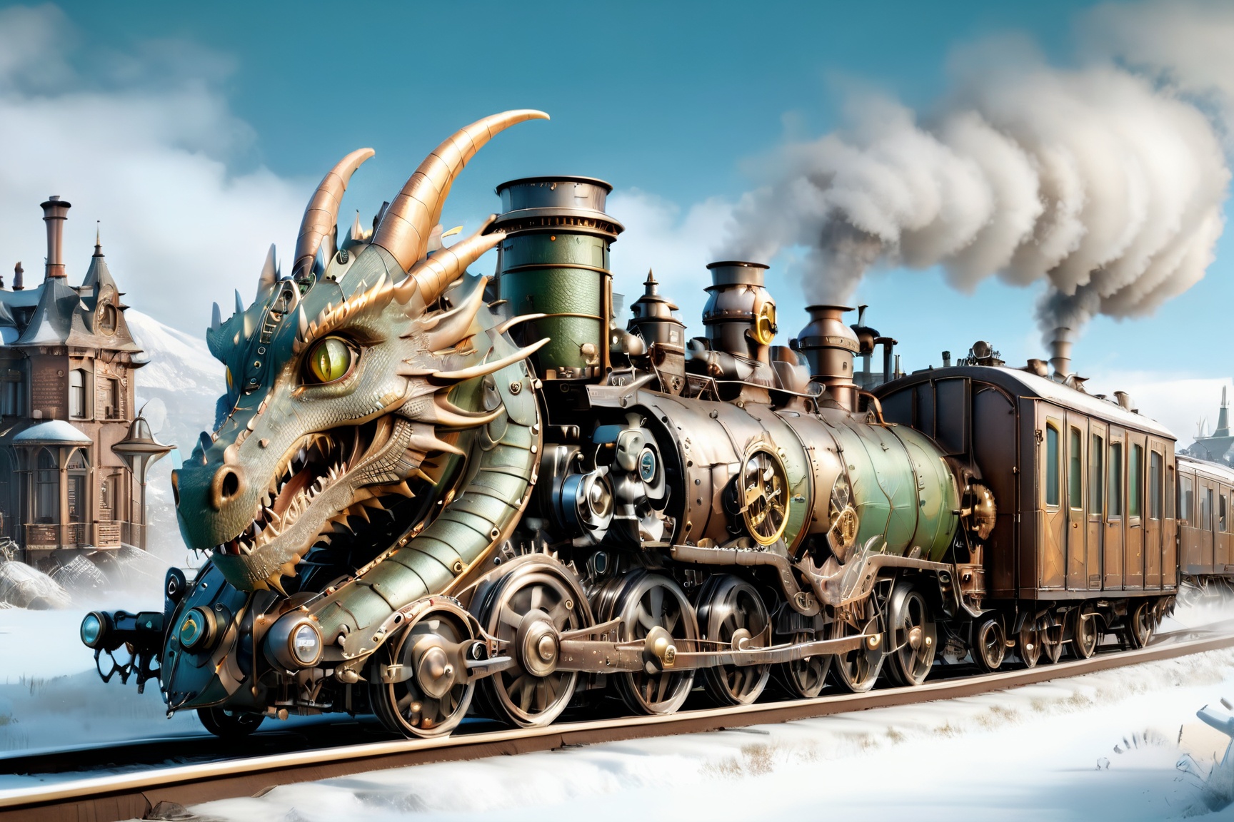 realistic photo of dragon train,  a steampunk style,  (masterpiece) on Tensor.Art