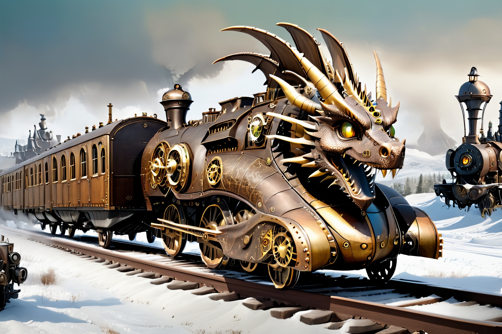 realistic photo of dragon train,  a steampunk style,  (masterpiece) on Tensor.Art