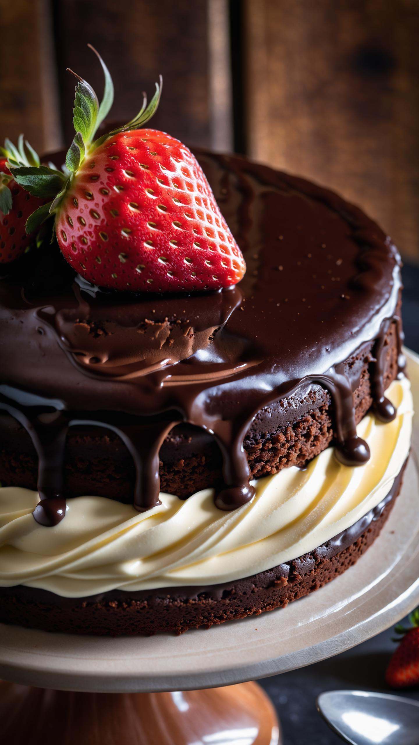 a photo of a cream chocolate cake,  with chocolate topping and cream and a single strawberry,  Warm side light from the le...