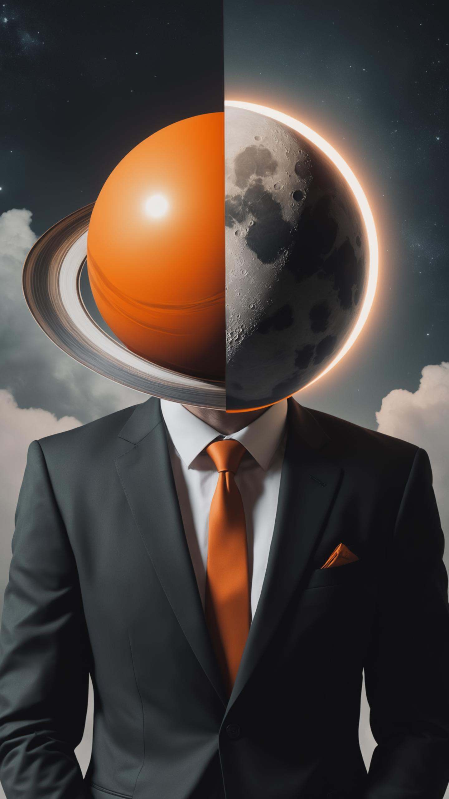 a man in a suit with a Saturn instead of his head,  a surrealist painting,  by Eglon van der Neer on Tensor.Art
