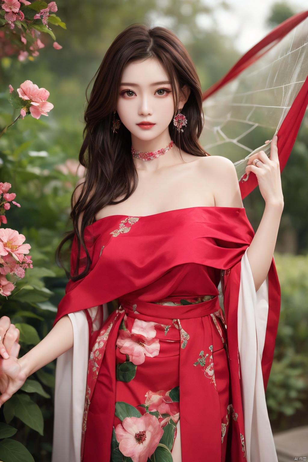  A girl, silk, cocoon, spider web, Solo, Complex Details, Color Differences, Realistic, (Moderate Breath), Off Shoulder, Eightfold Goddess, Pink Long Hair, White Headwear, Hair Above One Eye, Green Eyes, Earrings, Sharp Eyes, Perfect Fit, Choker, Dim Lights, cocoon, transparent, jiBeauty, 1girl, flowers, mtianmei, Look at the camera., flowing skirts, Giant flowers, , pld, (\xing he\)