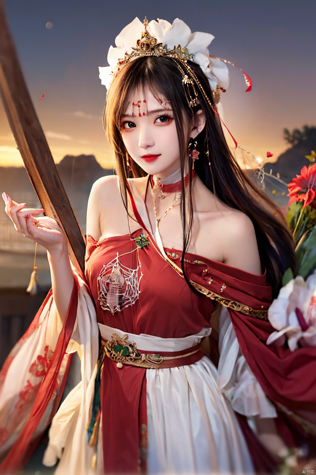  A girl, silk, cocoon, spider web, Solo, Complex Details, Color Differences, Realistic, (Moderate Breath), Off Shoulder, Eightfold Goddess, Pink Long Hair, White Headwear, Hair Above One Eye, Green Eyes, Earrings, Sharp Eyes, Perfect Fit, Choker, Dim Lights, cocoon, transparent, jiBeauty, 1girl, flowers, mtianmei, Look at the camera., flowing skirts, Giant flowers, , pld, (\xing he\)