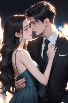 masterpiece,best quality,a couple in a suit and tie are kissing in front of a cityscape with lights in the background,