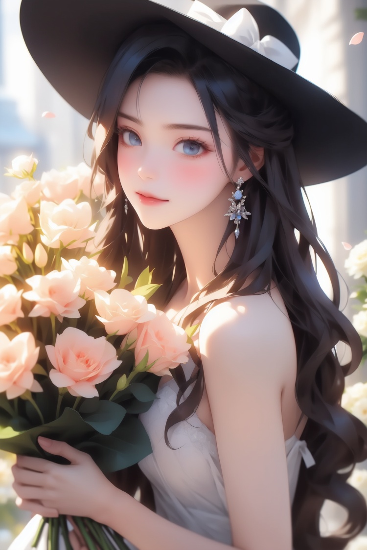 masterpiece,best quality,a woman with long hair holding a bouquet of flowers in her hands and wearing a hat with flowers on it,