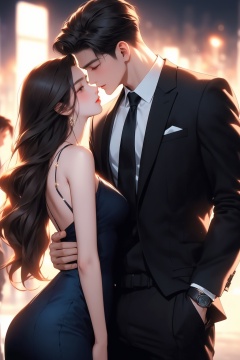 masterpiece,best quality,a man and woman are kissing in a picture with lights behind them and a city in the background with lights behind them,