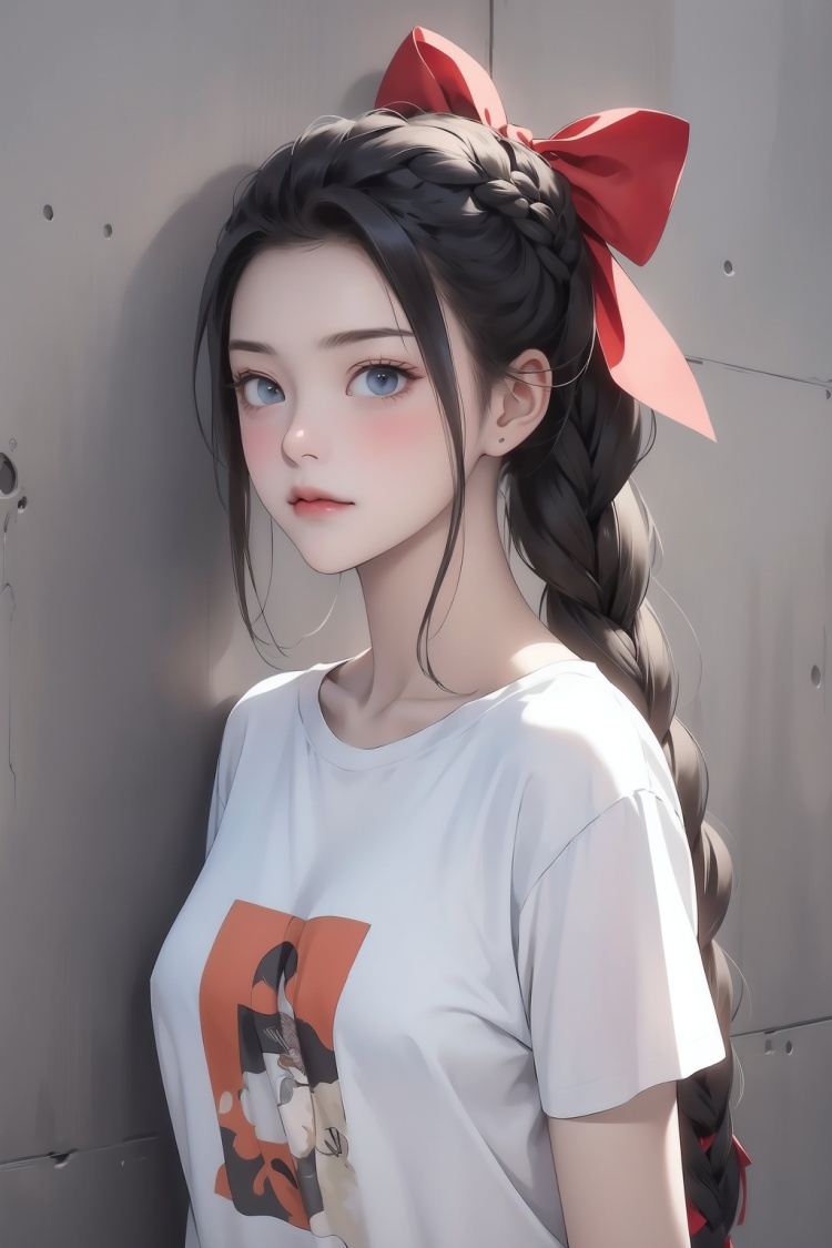 masterpiece,best quality,a girl with a long braid wearing a t - shirt and a bow in her hair,standing in front of a wall,