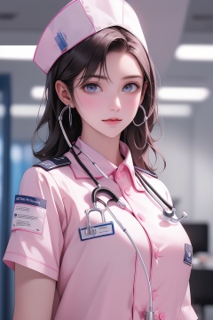 masterpiece,best quality,a woman in a pink uniform with a stethoscope on her head and a stethoscope on her shoulder,