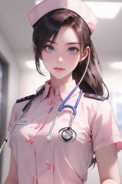 masterpiece,best quality,a woman in a pink uniform with a stethoscope,