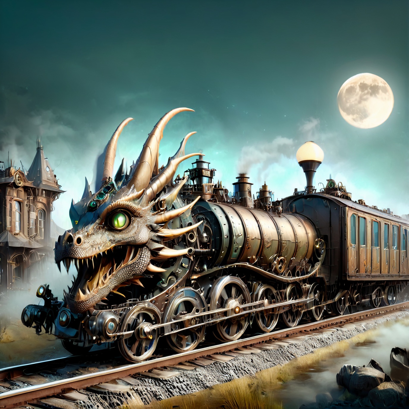 night time,  realistic photo of dragon train,  a steampunk style on Tensor.Art
