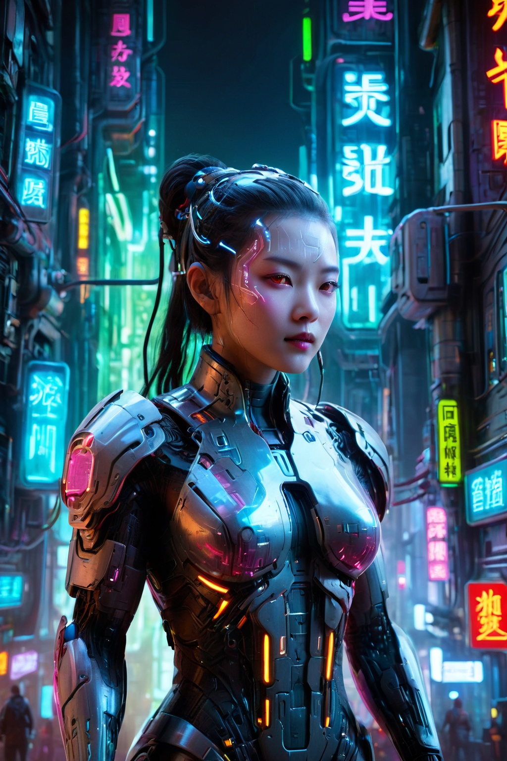Mech-suited girl navigating through cyberpunk metropolis,  glowing neon signs, on Tensor.Art