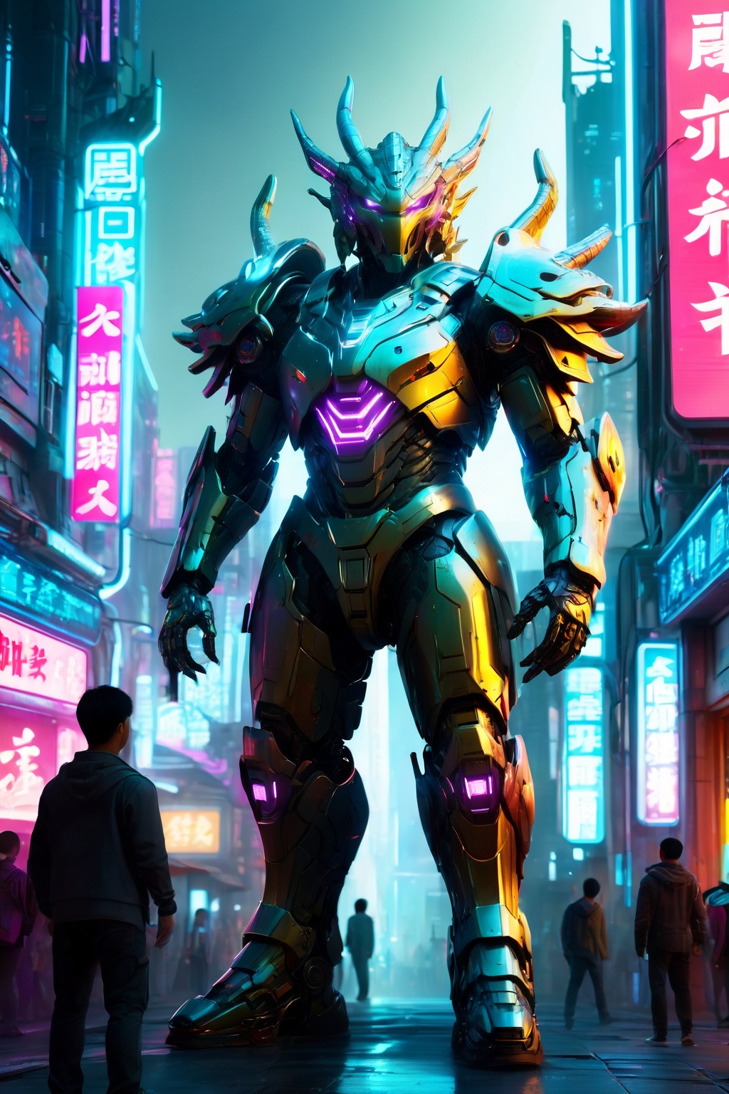 Futuristic warrior in city of neon lights and digital billboards,  ,  detailed armor design on Tensor.Art