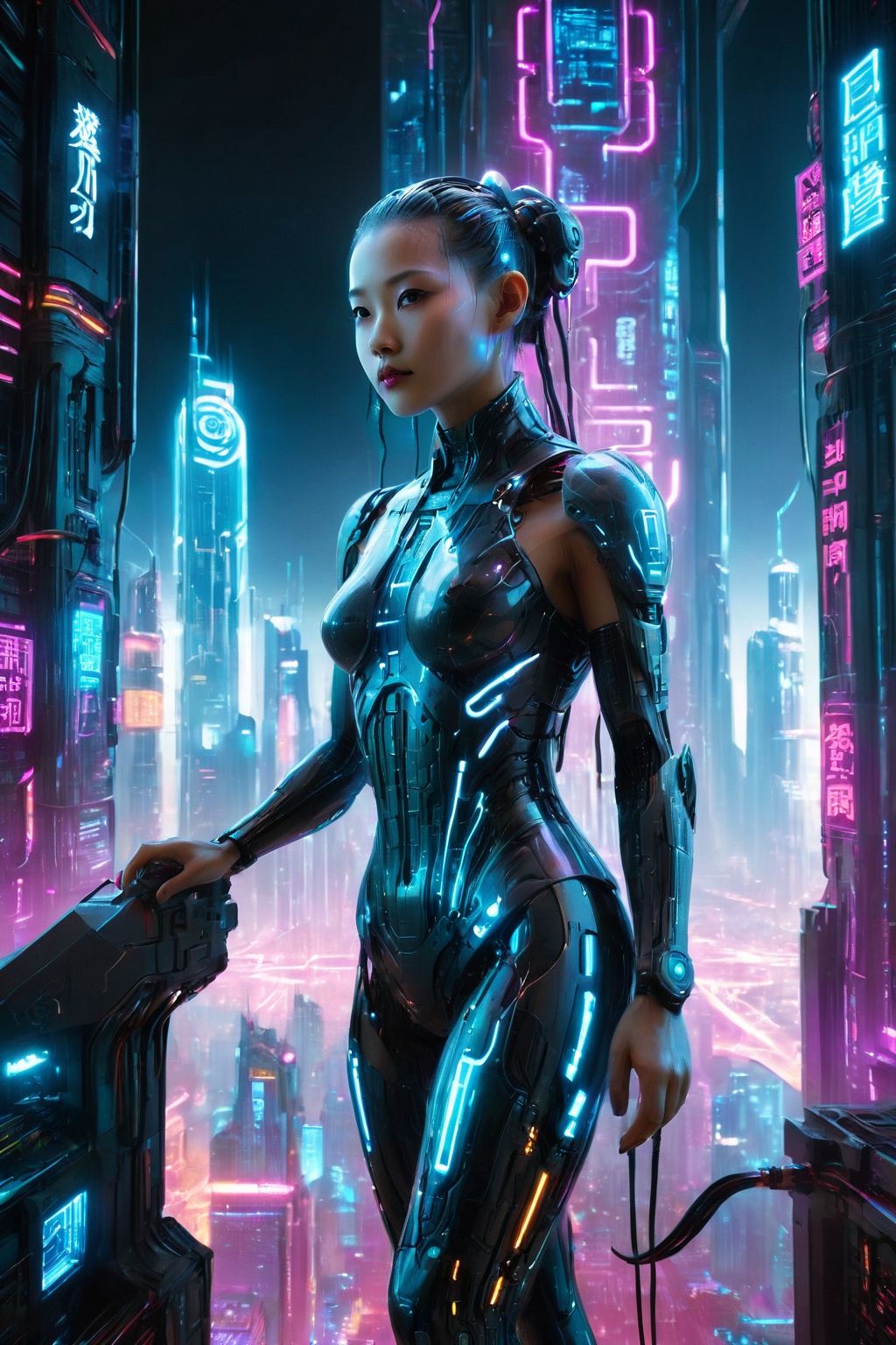Cybernetic girl amidst neon glow,  towering tech skyscrapers,  (best quality) on Tensor.Art
