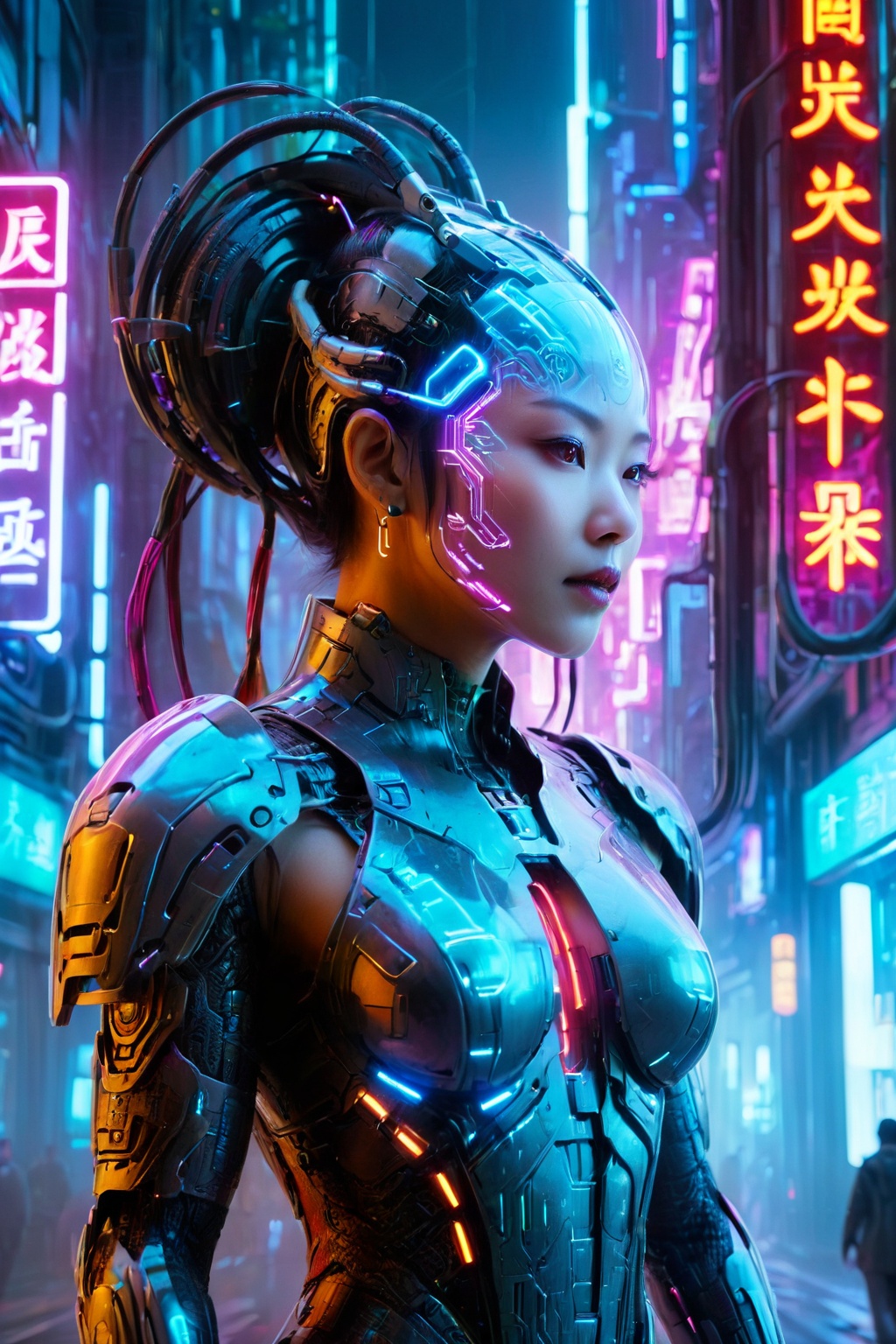 Tech-armored maiden on neon urban avenue,  cyberpunk architecture,  (ultra detailed) on Tensor.Art