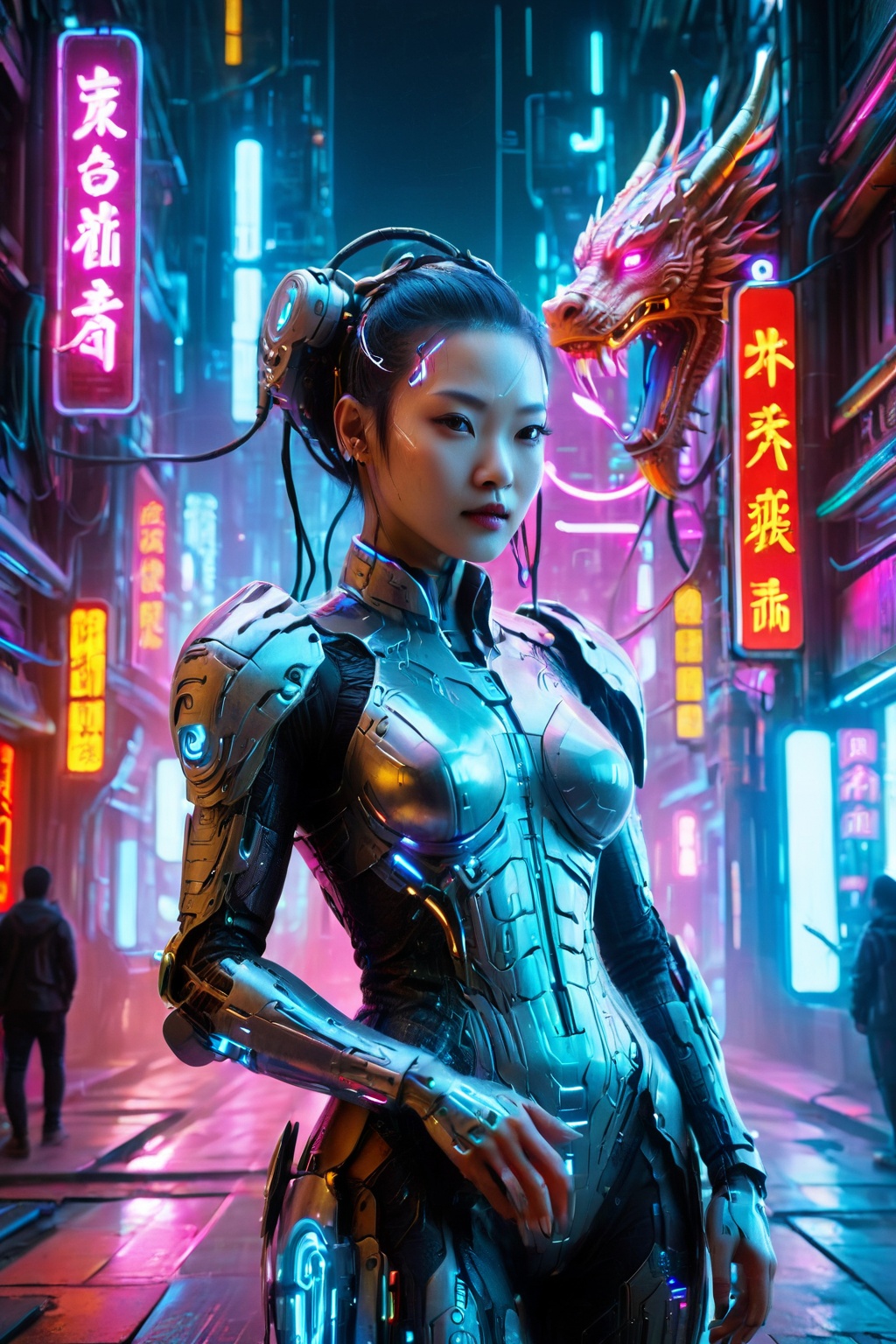 Tech-armored maiden on neon urban avenue,  cyberpunk architecture,  (ultra detailed) on Tensor.Art