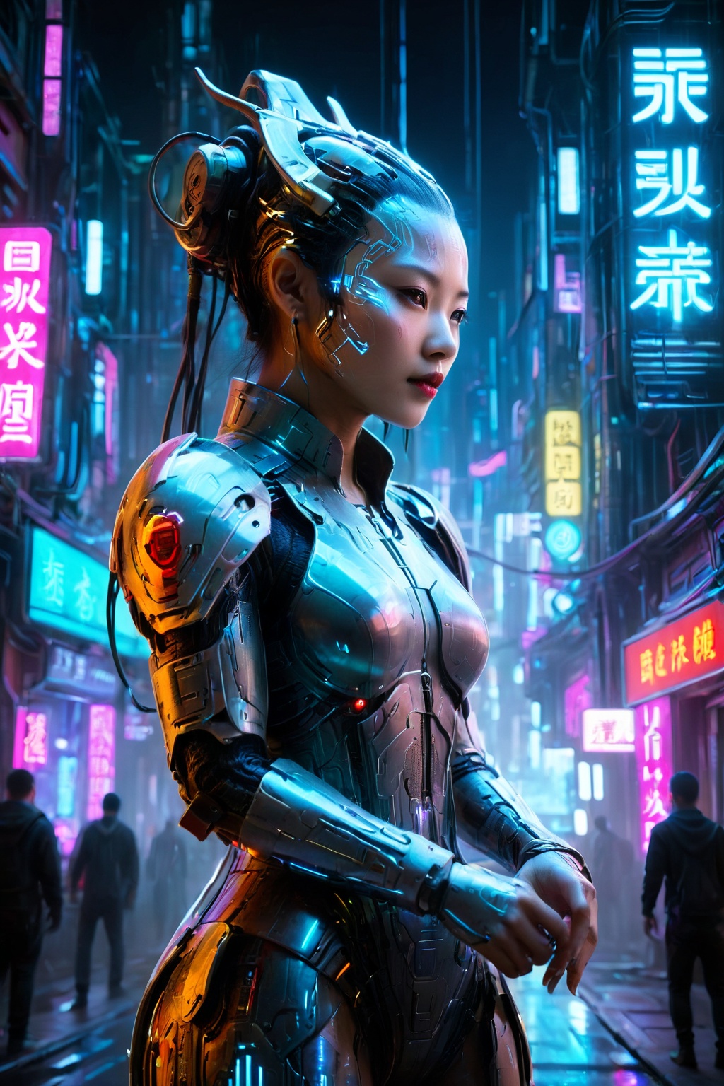 Tech-armored maiden on neon urban avenue,  cyberpunk architecture,  (ultra detailed) on Tensor.Art