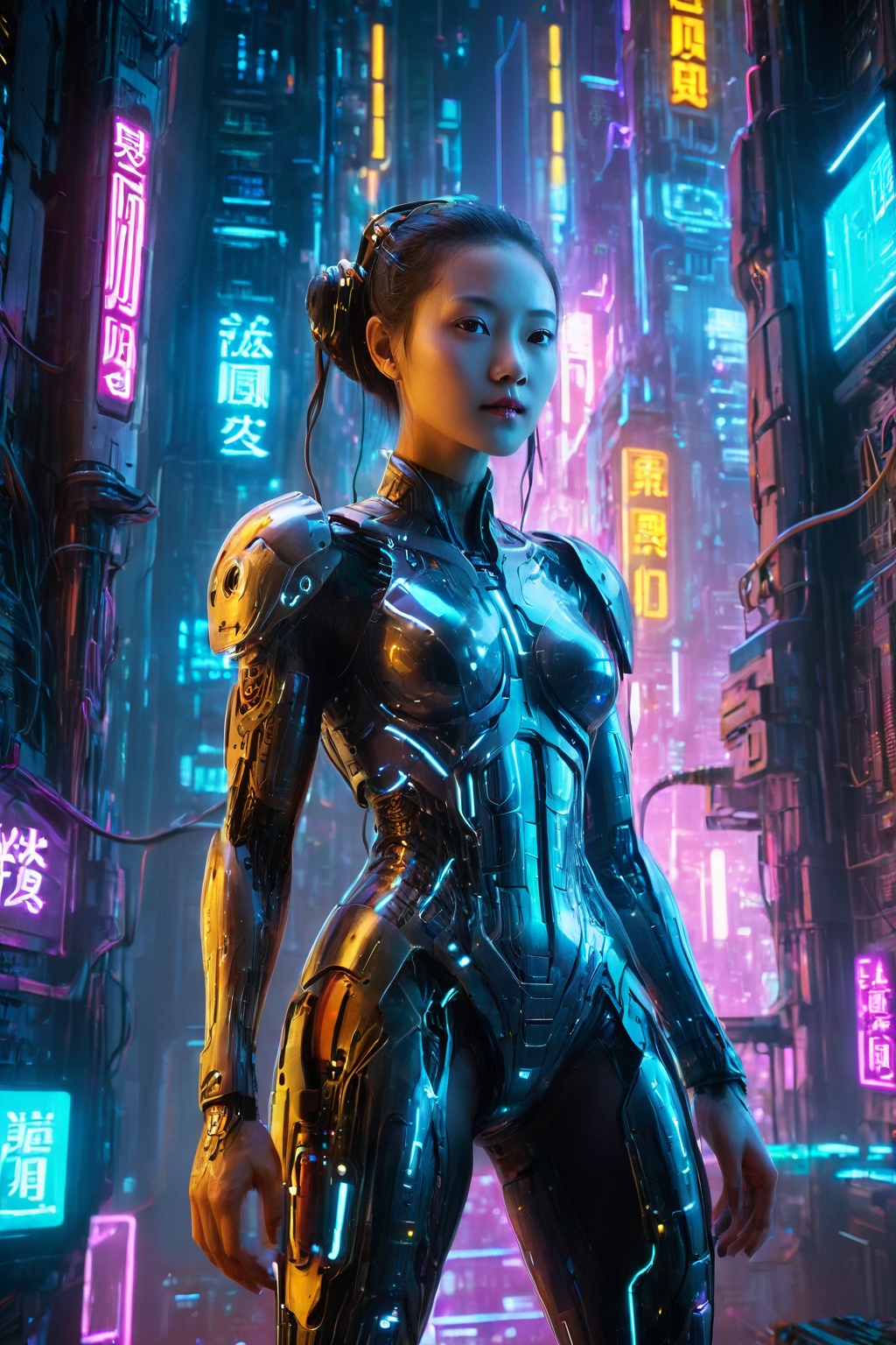 Cybernetic girl amidst neon glow,  towering tech skyscrapers,  (best quality) on Tensor.Art