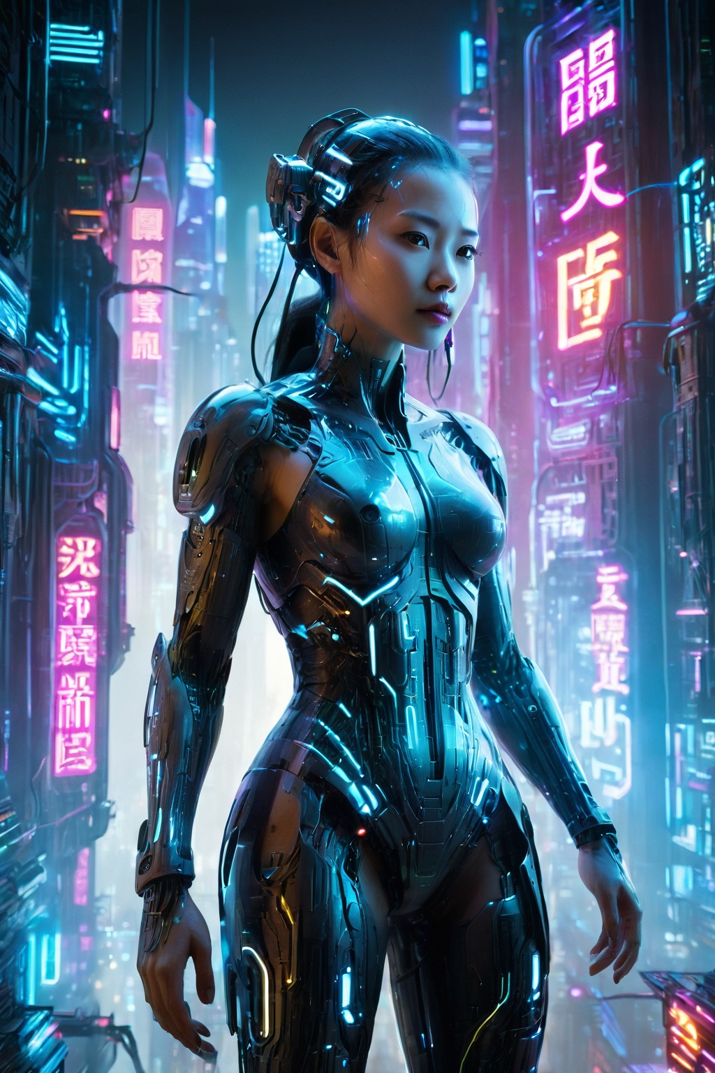 Cybernetic girl amidst neon glow,  towering tech skyscrapers,  (best quality) on Tensor.Art