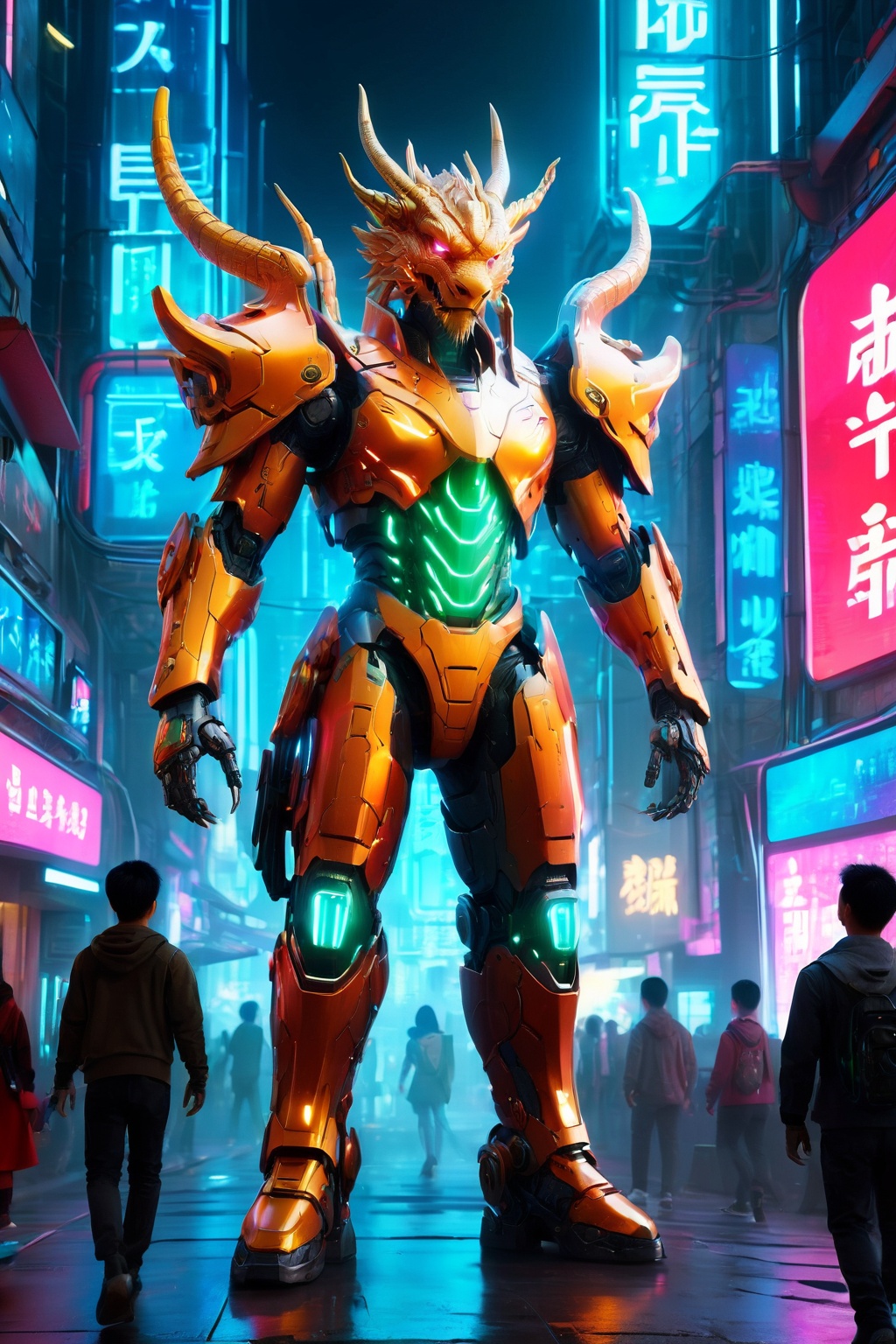 Futuristic warrior in city of neon lights and digital billboards,  ,  detailed armor design on Tensor.Art