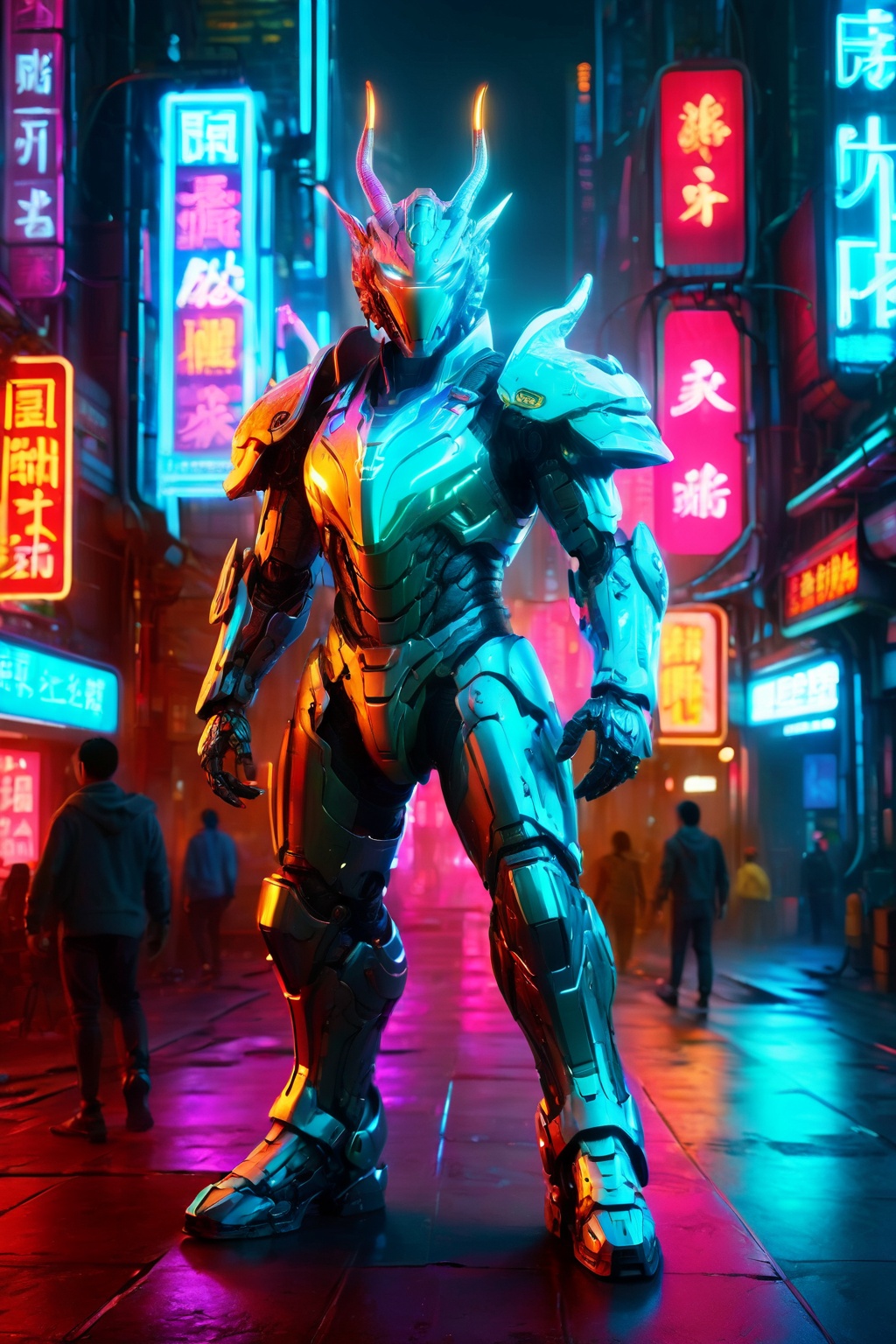 Futuristic warrior in city of neon lights and digital billboards,  ,  detailed armor design on Tensor.Art