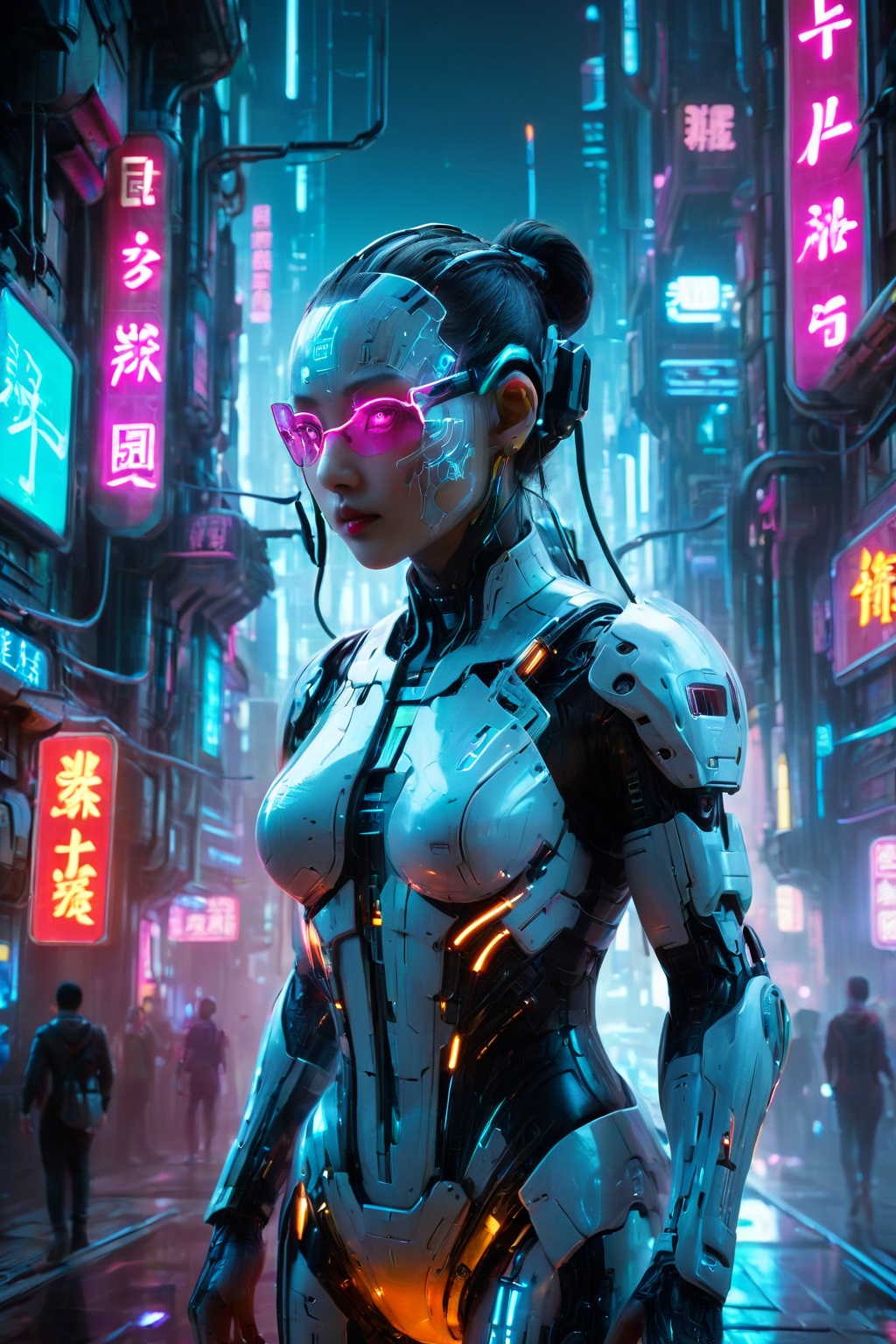 Mech-suited girl navigating through cyberpunk metropolis,  glowing neon signs, on Tensor.Art