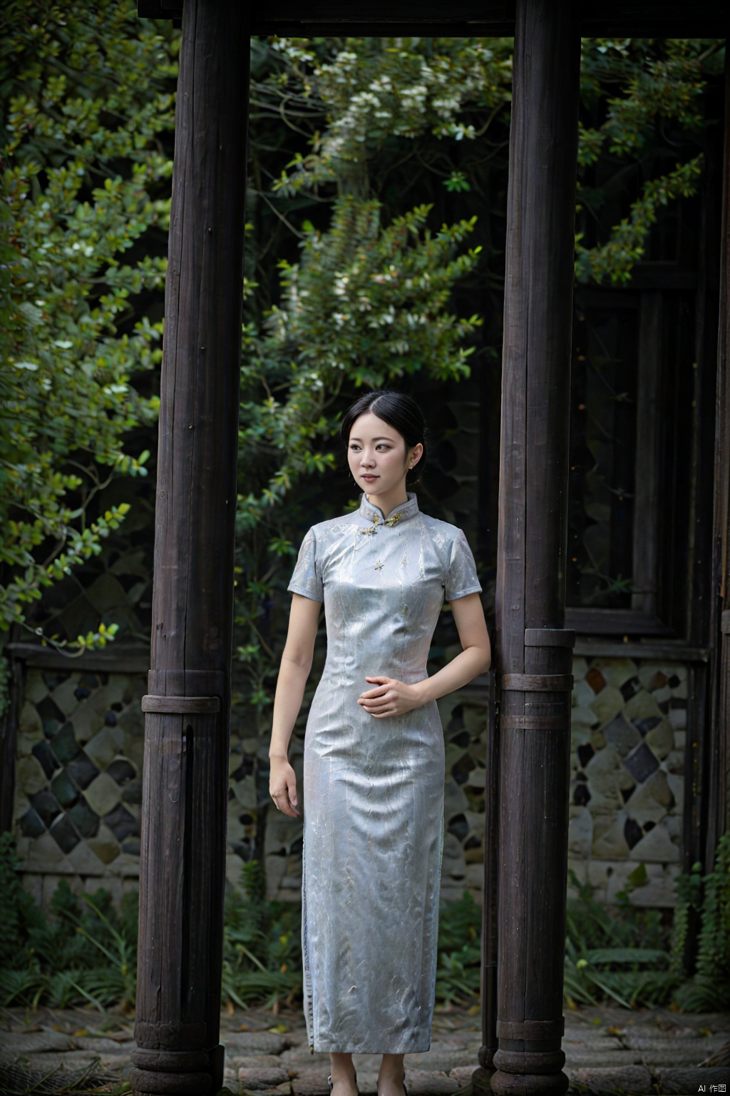 (1girl:1.3), (best quality, masterpiece, ultra high resolution),(photorealistic:1.3), (realistic:1.3), depth of field,(full body:1.2), (day:1.2), (cinematic lighting:1.2),qipao