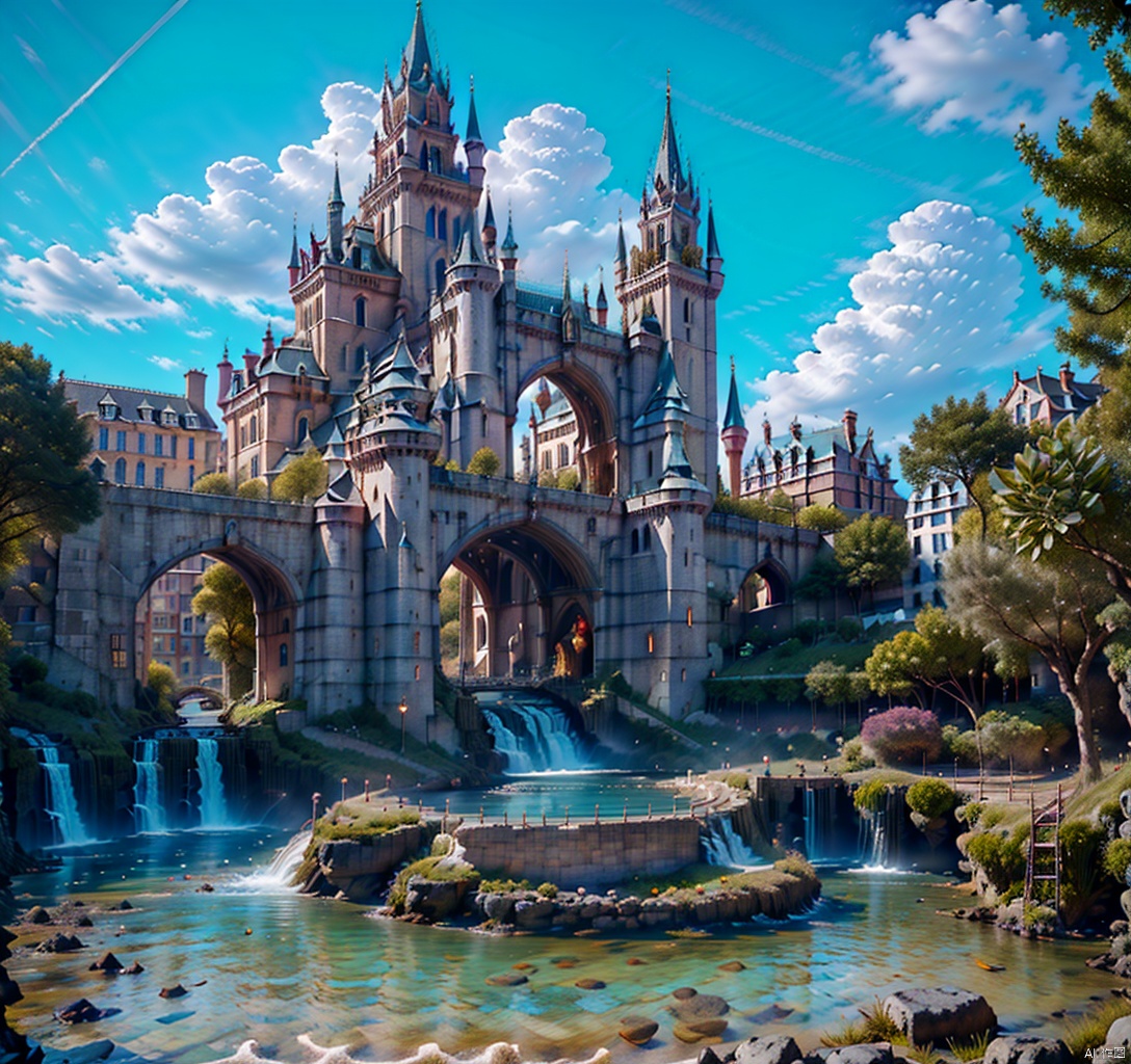 flower,outdoors,sky,day,cloud,water,tree,blue sky,no humans,bird,ocean,sunlight,building,scenery,city,fantasy,cityscape,watercraft,bridge,castle,tower,waterfall,boat,arch,masterpiece,best quality, FANTASY