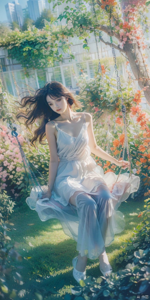 Garden girl, sitting on a swing, enjoying the breeze, surrounded by beautiful gardens and green fields. The picture was warm and quiet., 1girl, sdmai