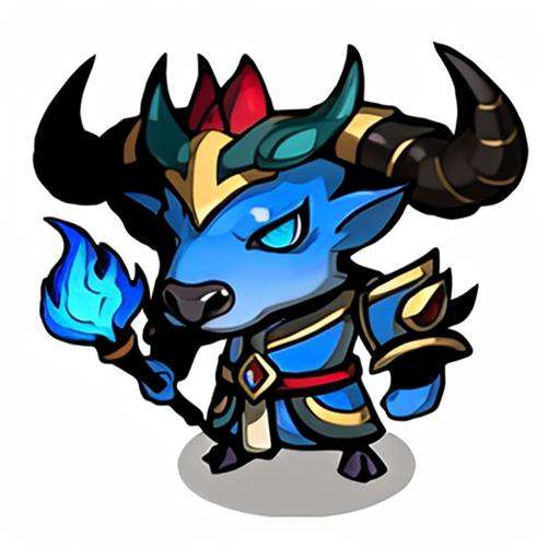 qban,game icon institute,1 deer, reasonable structure,high resolution, game icons,weel structured,high quality, best quality, masterpiece,Blue eyes, blue skin, horns, tattoos, holding a staff, magic, fire effects(white background),2D,Clear priorities,cartoon style <lora:qban:0.8>