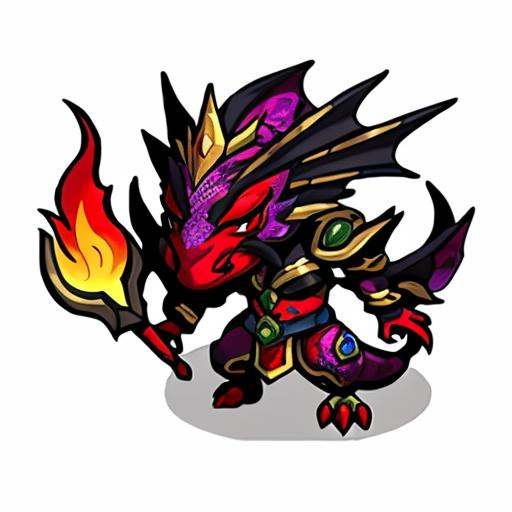 qban,game icon institute,1 Dragon reasonable structure,high resolution, game icons,weel structured,high quality, best quality, masterpiece,Female Focus,red eyes,red skin,tooth,  tattoos, holding a staff, magic,flame effects(white background),2D,Clear priorities,cartoon style <lora:qban:0.8>