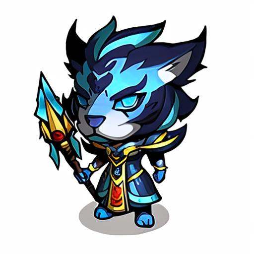 qban,game icon institute,1 tiger, reasonable structure,high resolution, game icons,weel structured,high quality, best quality, masterpiece,Female Focus,Blue eyes,blue skin,  tattoos, holding a staff, magic, ice effects(white background),2D,Clear priorities,cartoon style <lora:qban:0.8>