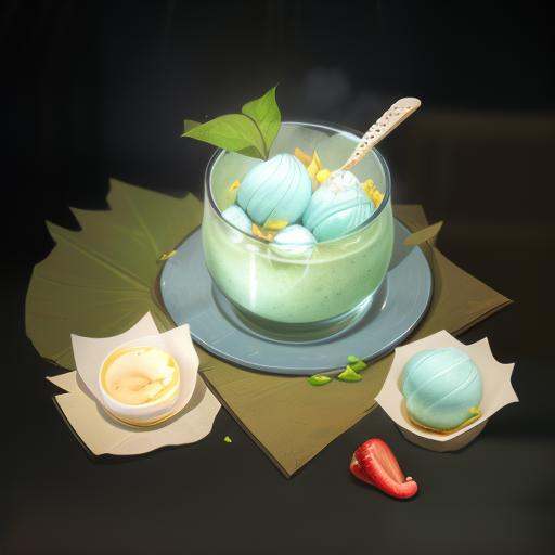 gameicon,masterpiece,best quality,ultra-detailed,masterpieces,The image is a scoop of ice cream in a cup, with a red cherry, a glass spoon, and green mint leaves,HDTransparent background, 3D rendering2D, Blender cycle, Volume light,No human, objectification, fantasy, fantasy <lora:﷿物:1>