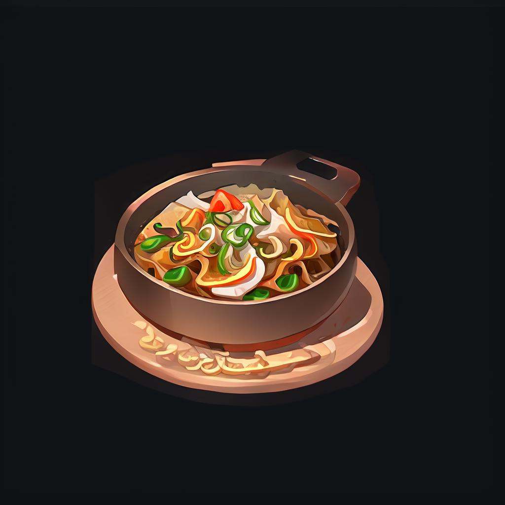 food, game icon institute, game icon,black background,simple background,plate,<lora:icon food-000038jiu:1.2>,Pan fried noodles cube icon with colorful vegetables, rendered in yummy Chinese food game item art style.