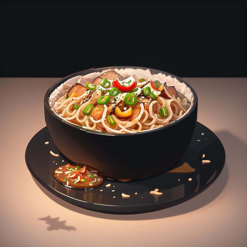 food, game icon institute, game icon,black background,simple background,plate,<lora:icon food-000038jiu:0.6>,Pan fried noodles cube icon with colorful vegetables, rendered in yummy Chinese food game item art style.