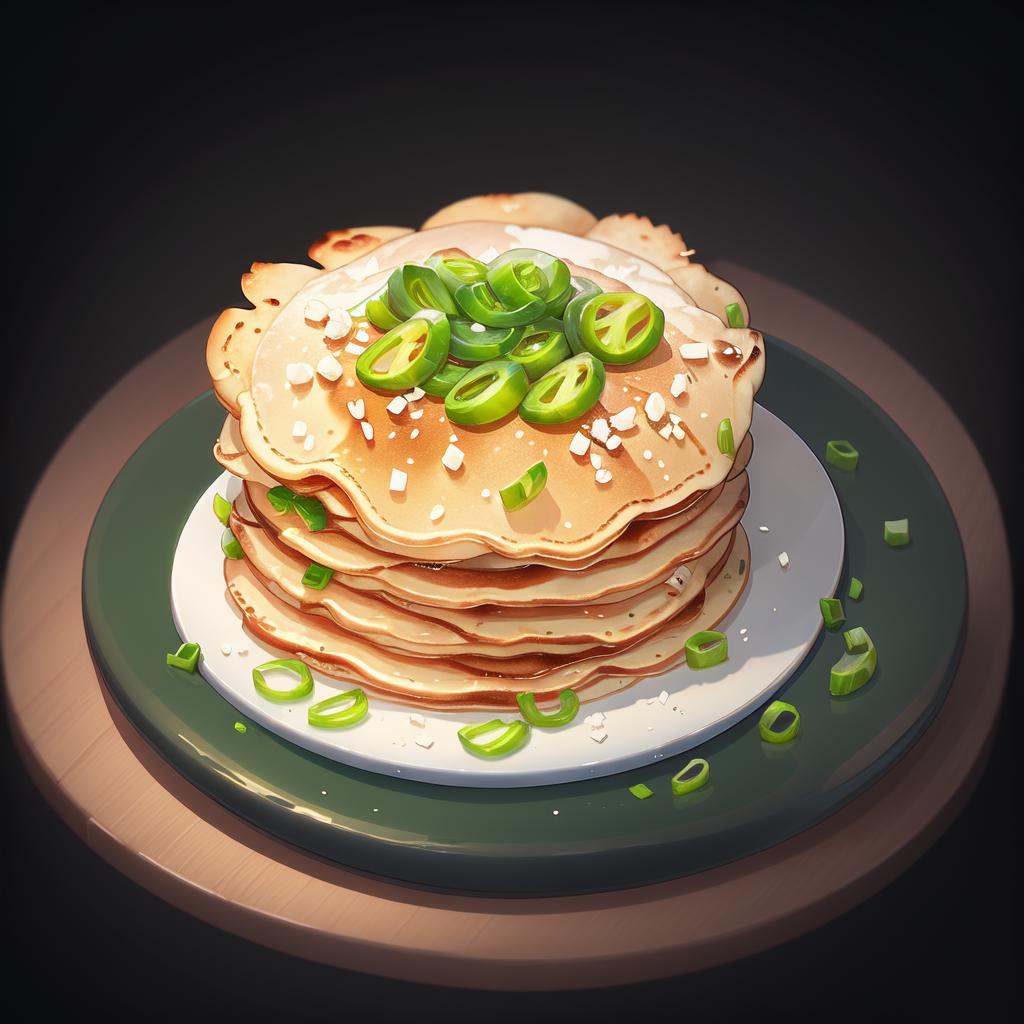 food, game icon institute, game icon,black background,simple background,plate,<lora:icon food-000038jiu:0.6>,jianbing pancake,green onions, 